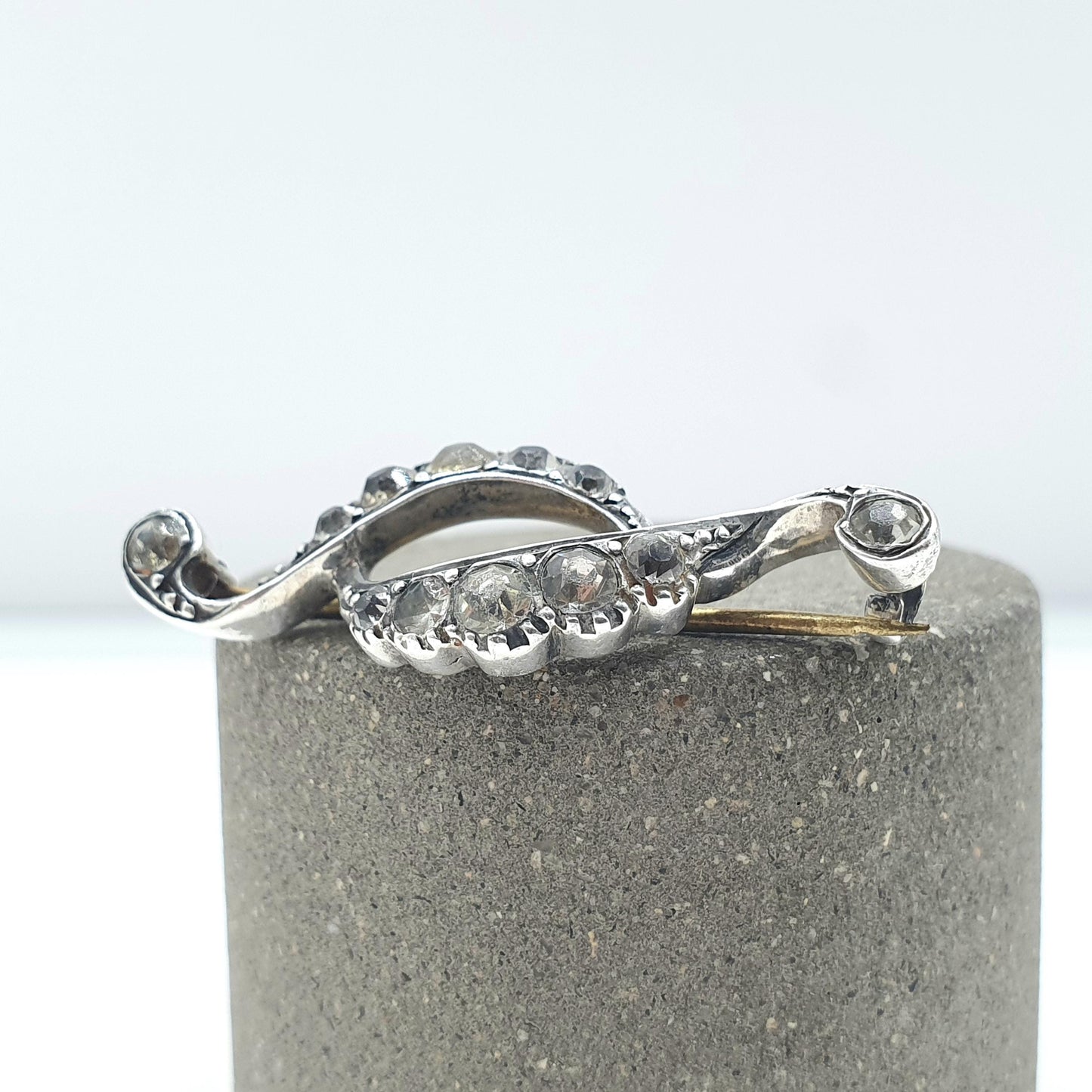 Antique Solid Silver Diamond Paste Brooch Ellipse Scroll Eye Shape  Victorian Vintage Foiled Glass Jewelry Jewellery