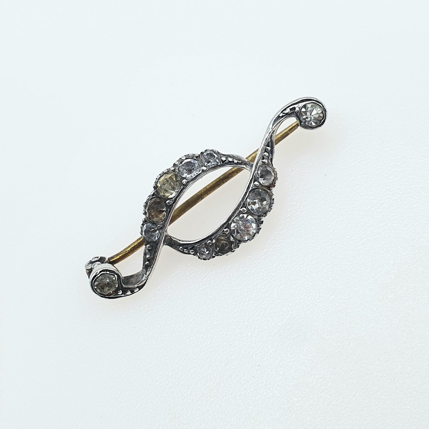 Antique Solid Silver Diamond Paste Brooch Ellipse Scroll Eye Shape  Victorian Vintage Foiled Glass Jewelry Jewellery