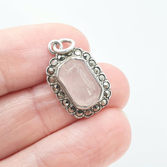 Antique Art Deco Solid Silver Rose Quartz Pendant Marcasite Halo Rectangular Pink Gemstone Vintage Womens Jewelry Jewellery