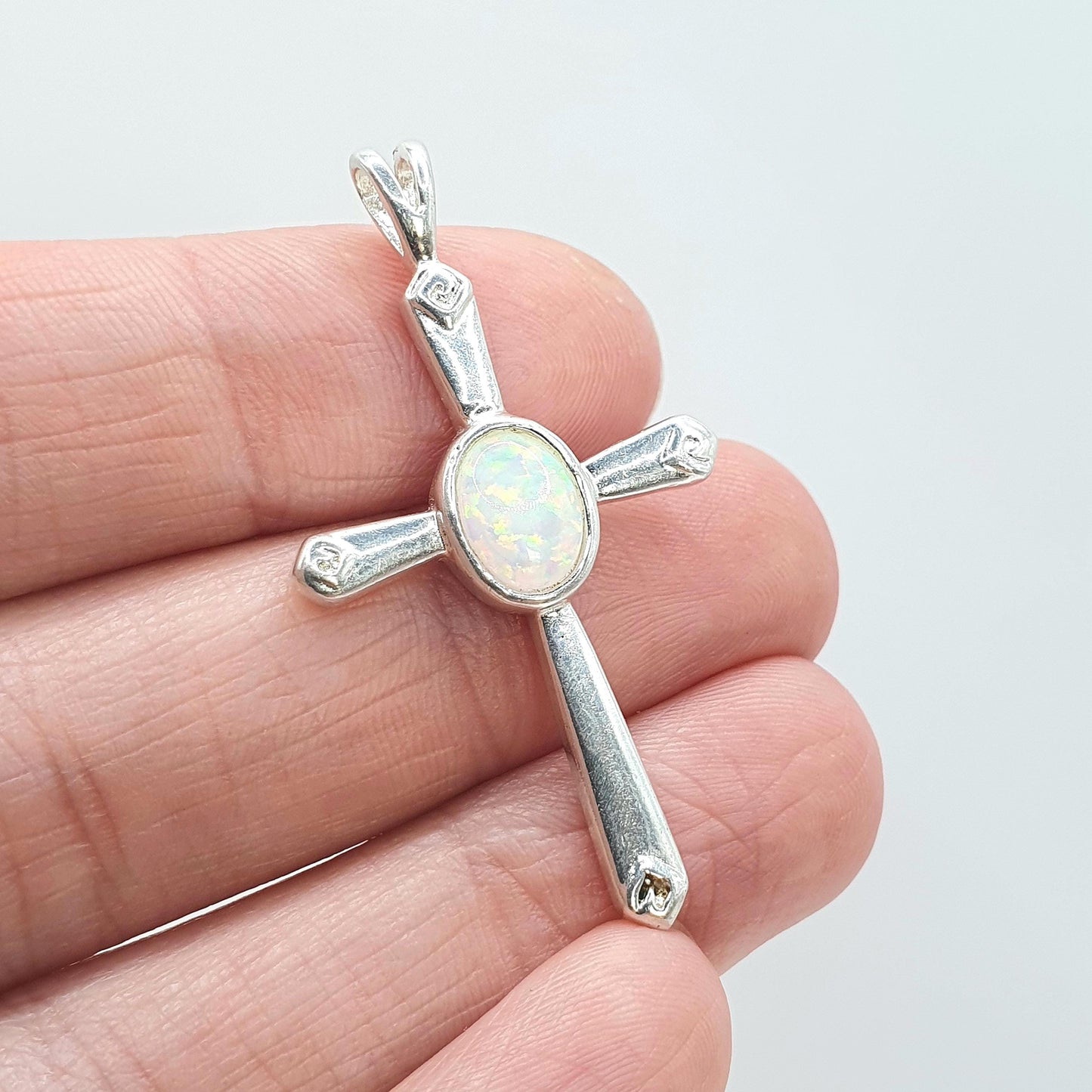 Vintage Sterling Silver Opal Crucifix Pendant Cross White Gemstone Necklace Catholic Christian Jewellery Jewelry Vintage Womens