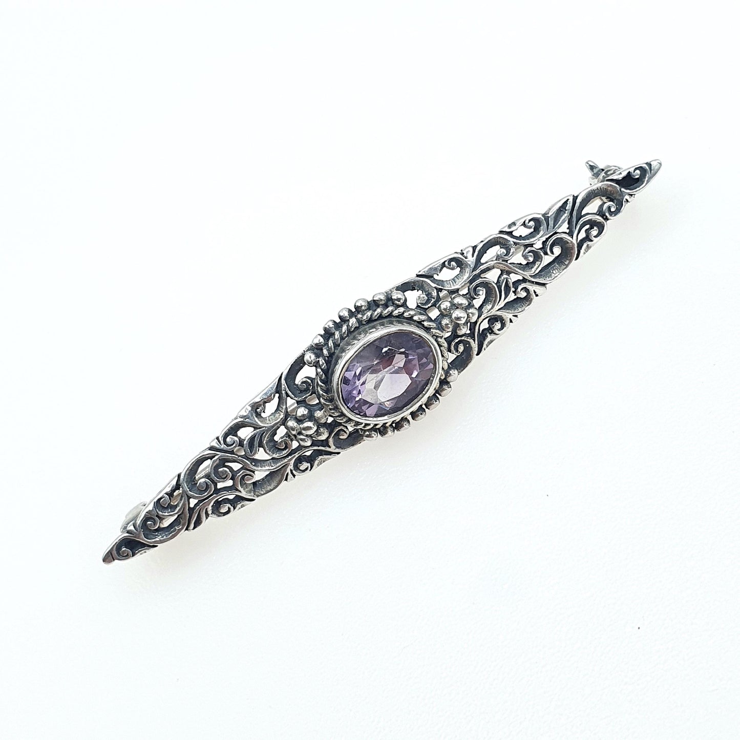 Antique Sterling Silver Amethsyt Brooch Art Nouveau Floral Pierced Oval Cut Lilac Gemstone Vintage Womens Mens Jewelry Jewellery
