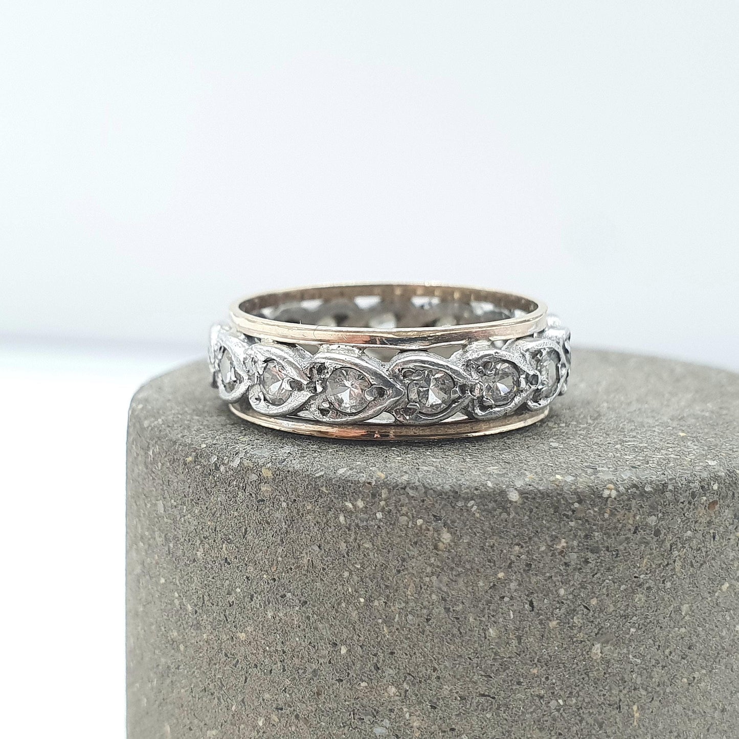 Antique 9ct Gold & Solid Silver White Spinel Eternity Ring Heart Pattern Love Gift Womens Jewelry Jewellery UK K or US 5.25