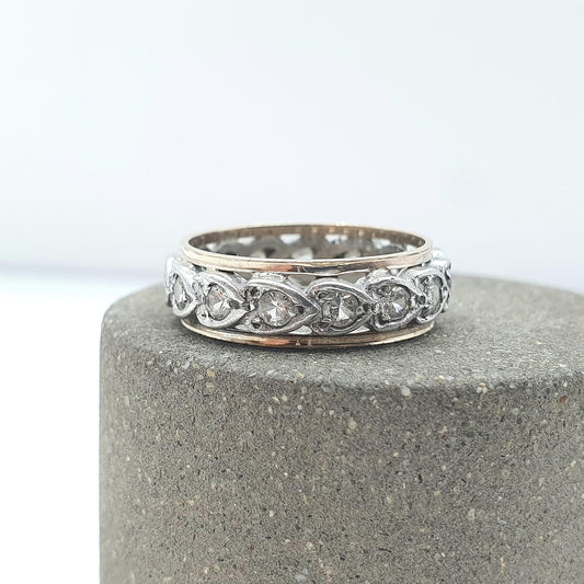 Antique 9ct Gold & Solid Silver White Spinel Eternity Ring Heart Pattern Love Gift Womens Jewelry Jewellery UK K or US 5.25