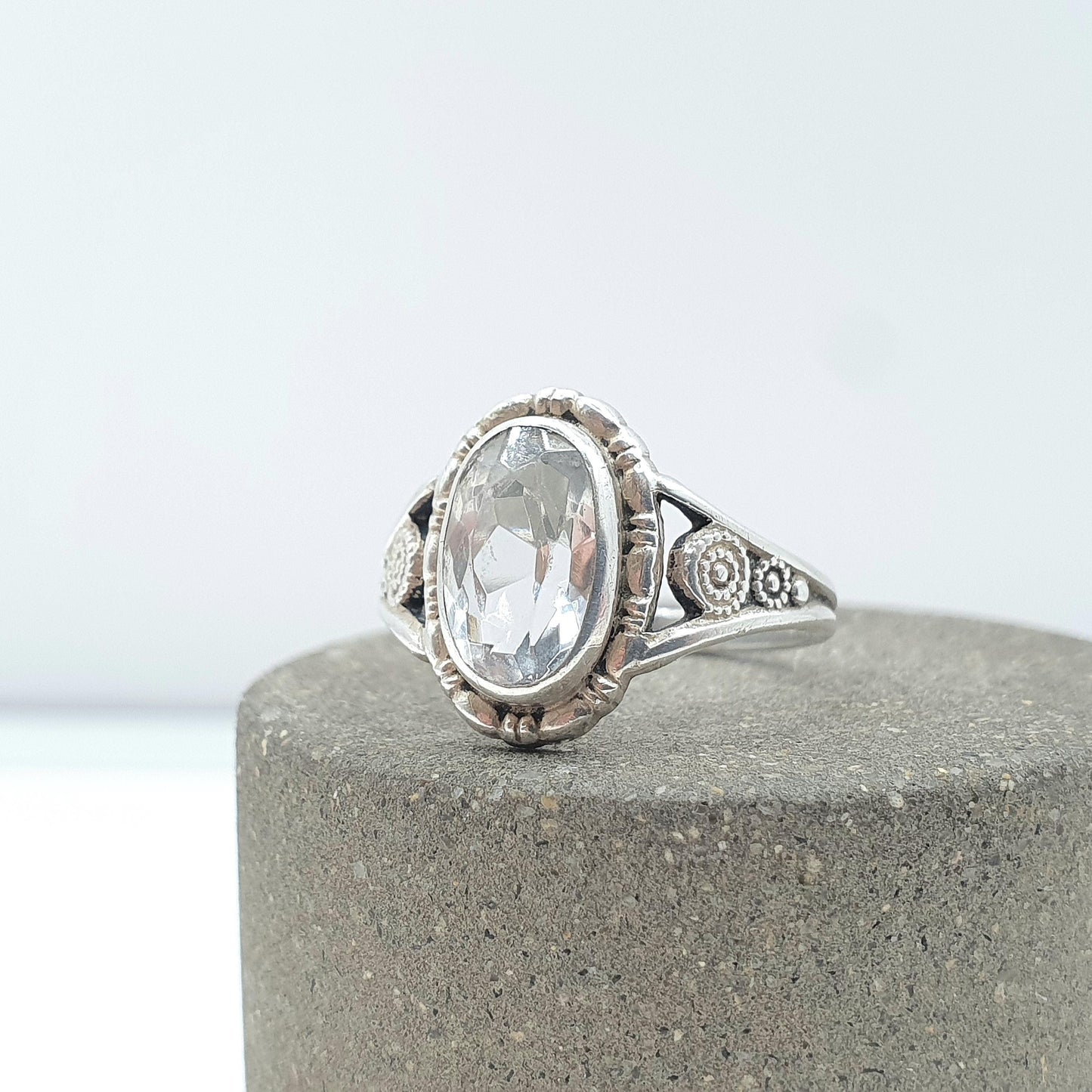 Antique Sterling Silver Rock Crystal Ring Art Deco Oval Cut Quartz TLM Thomas L Mott Jewellery Jewelry Vintage UK L.5 US 6