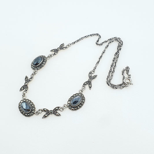 Antique Solid Silver Hematite & Marcasite Necklace Art Deco Halo and Leaf Rope Link Vintage Black Gemstone Womens Jewellery 41cm 15.37g