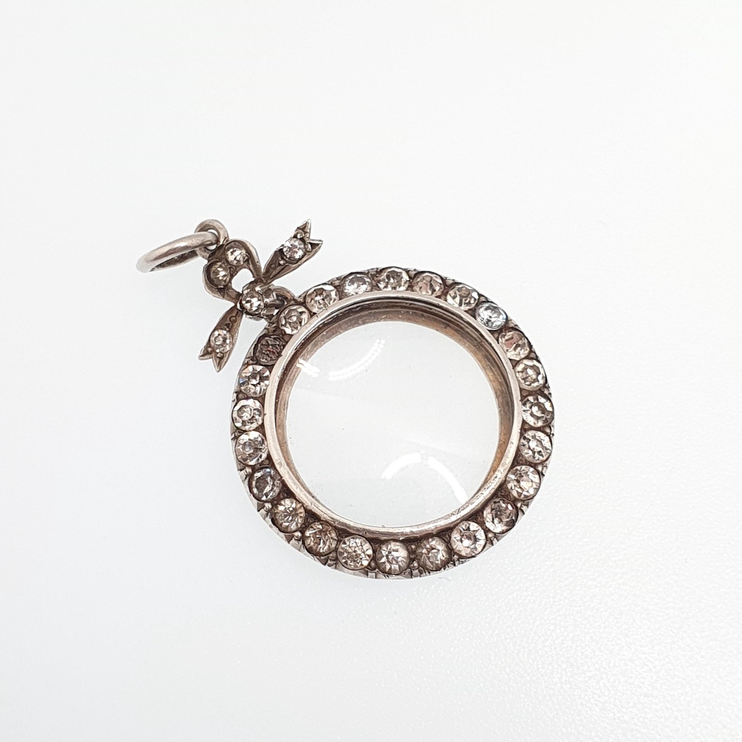 Antique Sterling Silver Diamond Paste Locket Pendant Edwardian 1904 Necklace Picture Photo Bow Double Sided Womens Vintage