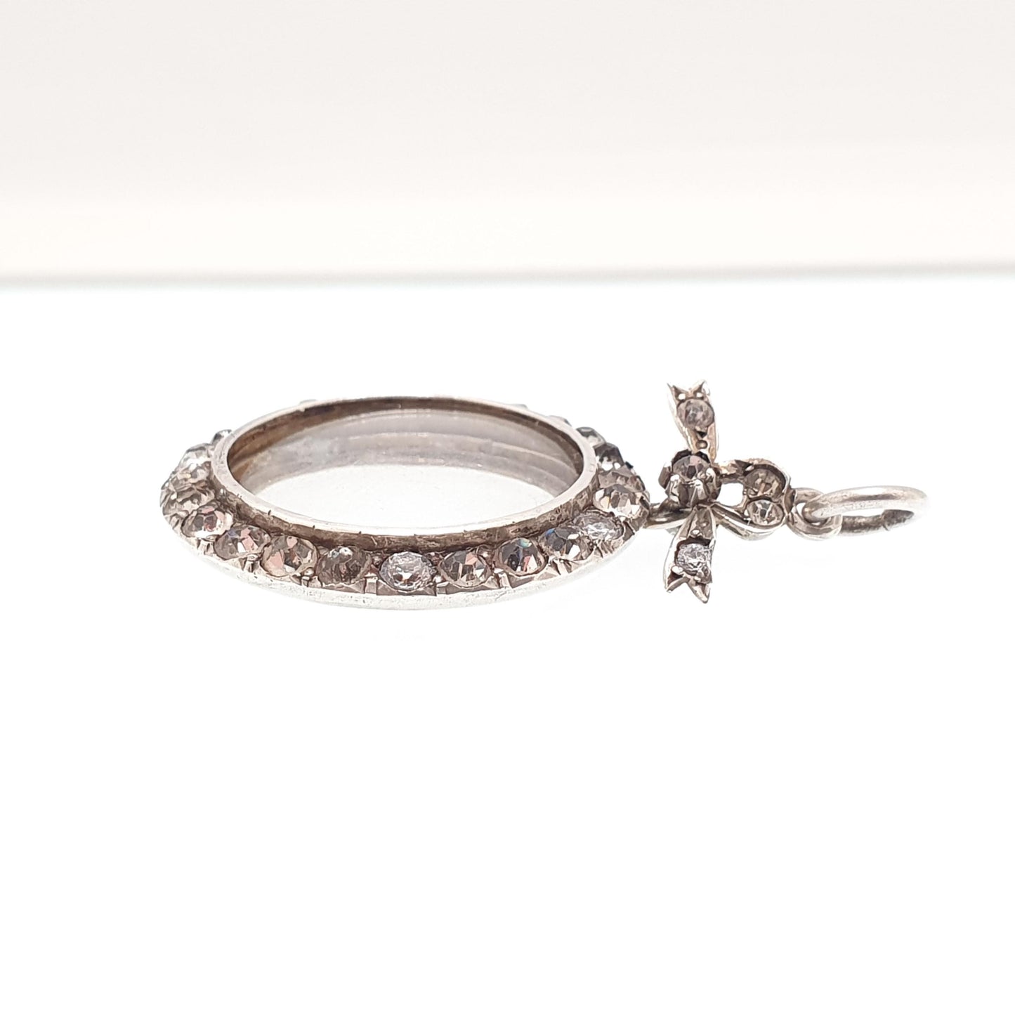 Antique Sterling Silver Diamond Paste Locket Pendant Edwardian 1904 Necklace Picture Photo Bow Double Sided Womens Vintage