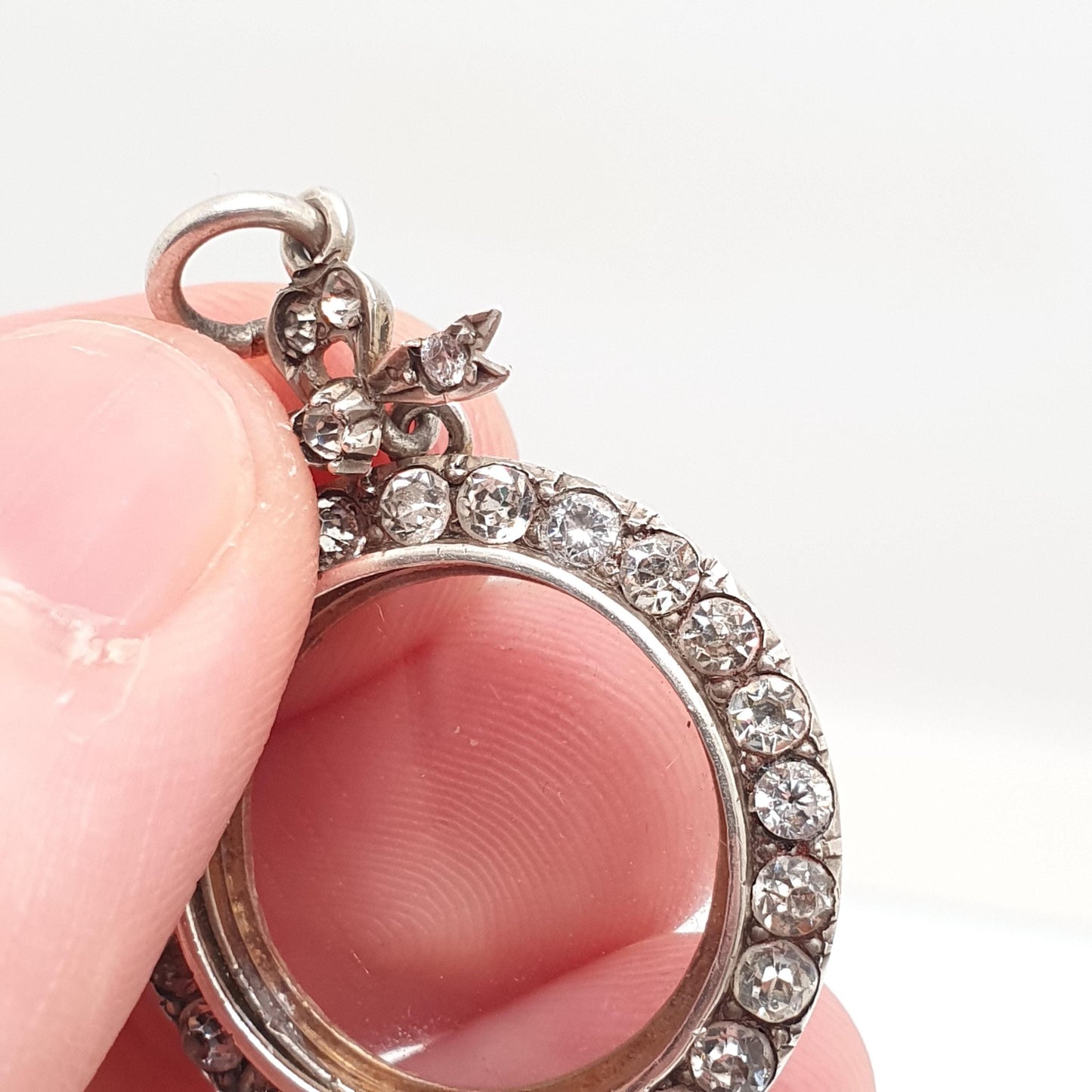 Antique Sterling Silver Diamond Paste Locket Pendant Edwardian 1904 Necklace Picture Photo Bow Double Sided Womens Vintage