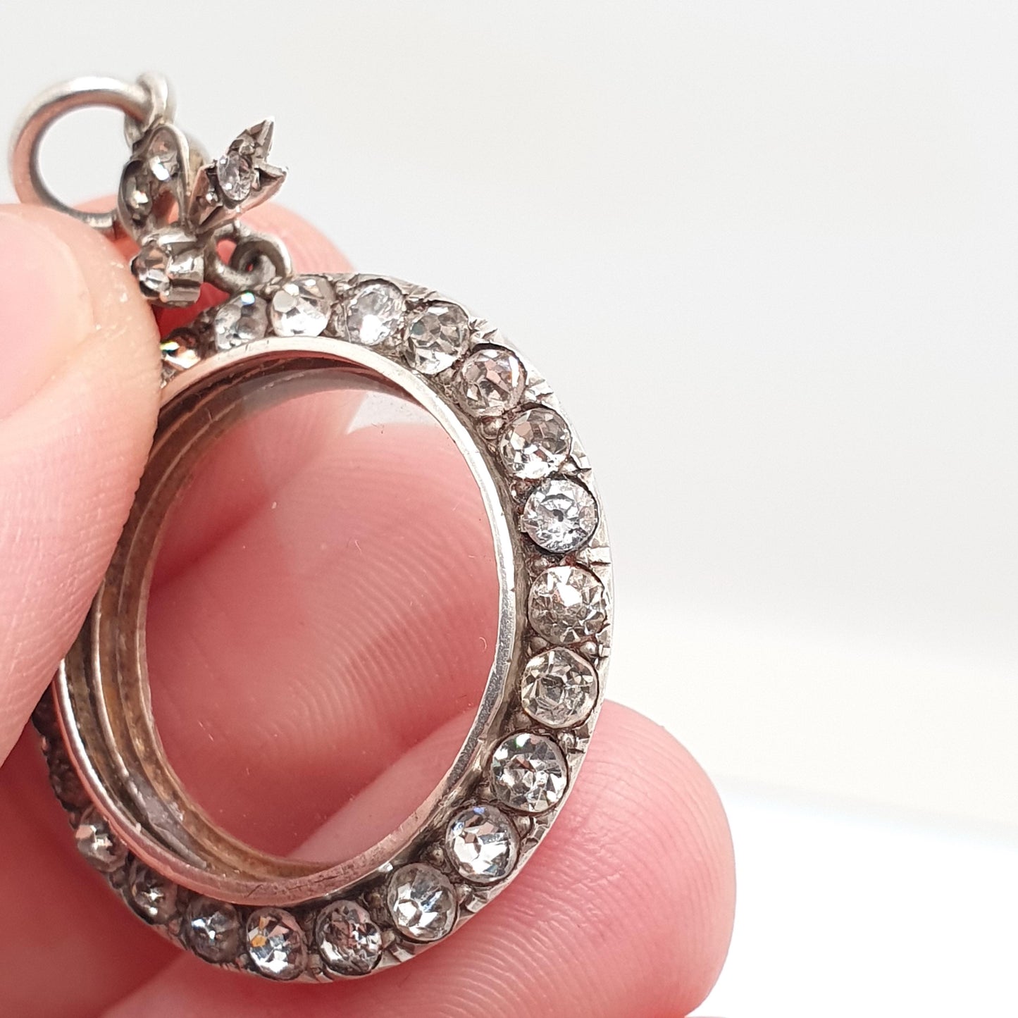 Antique Sterling Silver Diamond Paste Locket Pendant Edwardian 1904 Necklace Picture Photo Bow Double Sided Womens Vintage