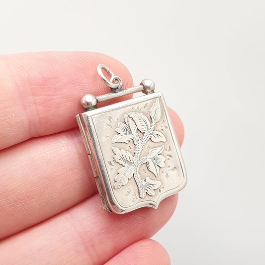 Antique Sterling Silver Locket Shield Shape Victorian 1892 Hallmarked Solid 925 Shield Pendant Photo Vintage Jewelry Jewellery