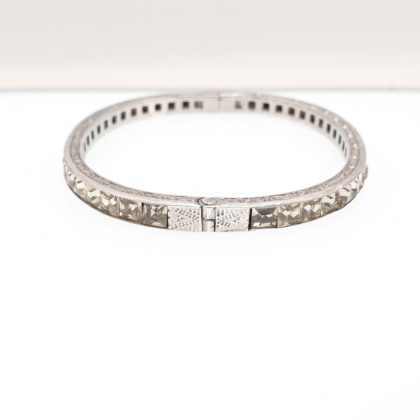 Antique Solid Silver Diamond Paste Bangle Art Deco Channel Set 1920s Vintage 14.57g Square Cut Snap Bracelet Jewelry Jewellery