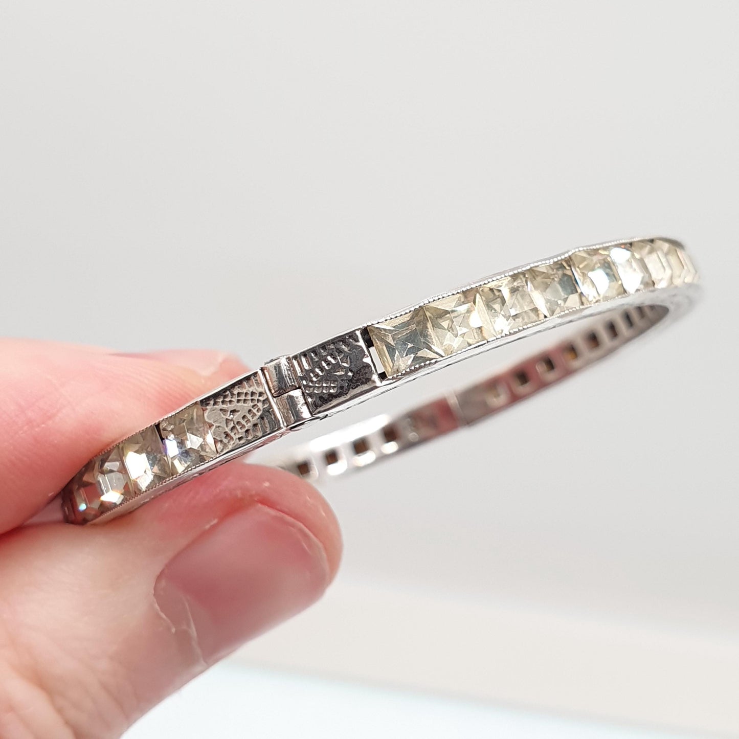 Antique Solid Silver Diamond Paste Bangle Art Deco Channel Set 1920s Vintage 14.57g Square Cut Snap Bracelet Jewelry Jewellery