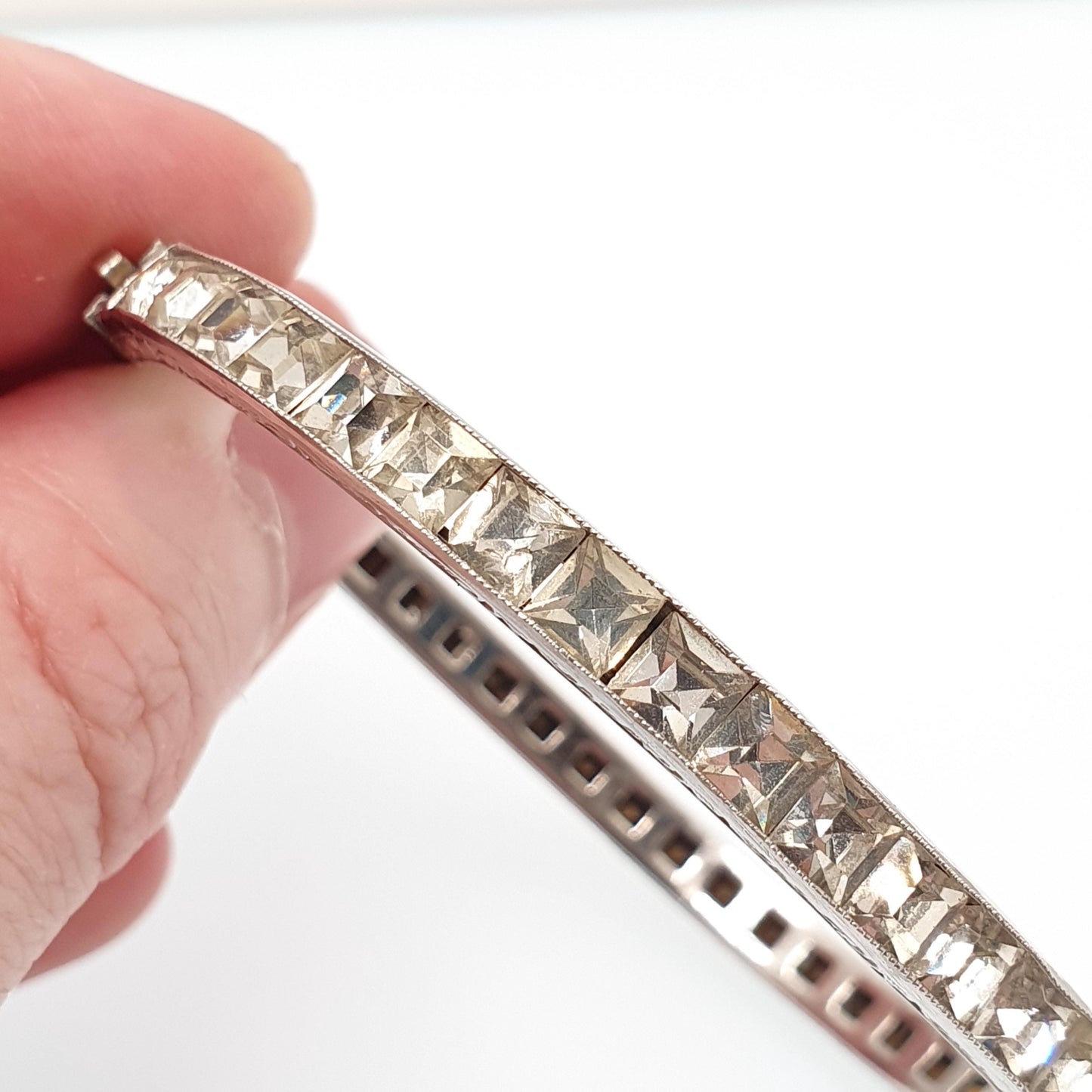 Antique Solid Silver Diamond Paste Bangle Art Deco Channel Set 1920s Vintage 14.57g Square Cut Snap Bracelet Jewelry Jewellery