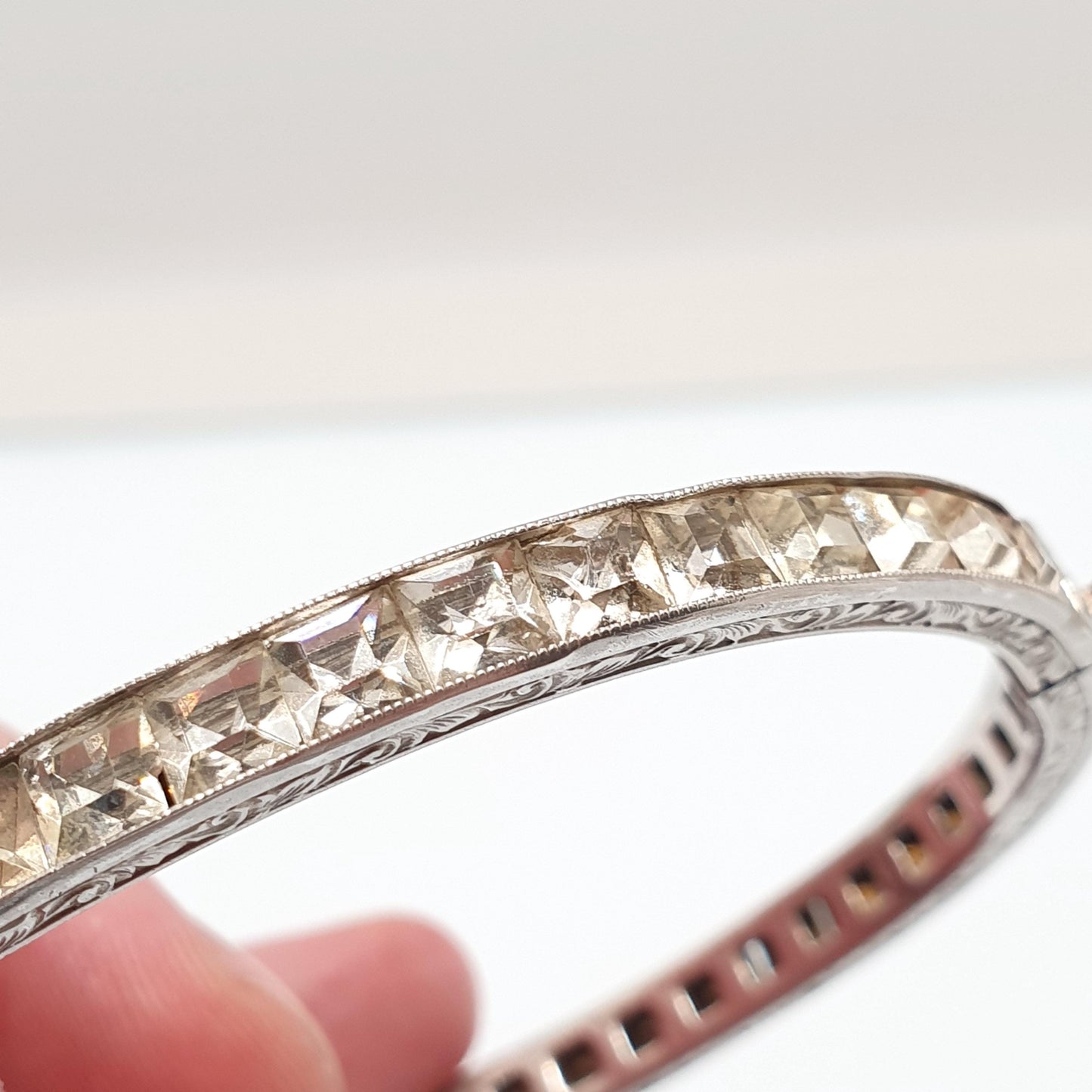 Antique Solid Silver Diamond Paste Bangle Art Deco Channel Set 1920s Vintage 14.57g Square Cut Snap Bracelet Jewelry Jewellery