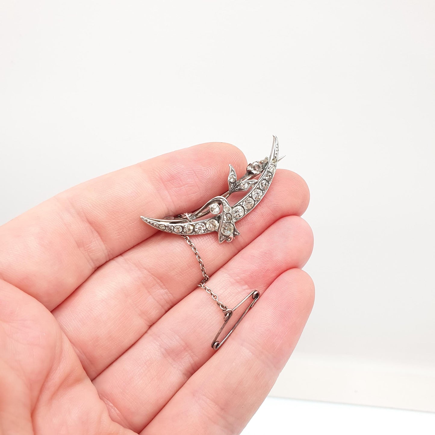 Antique Sterling Silver Crescent Moon Diamond Paste Brooch Victorian Sparkly Vintage Celestial Floral Jewelry Jewellery 1800s