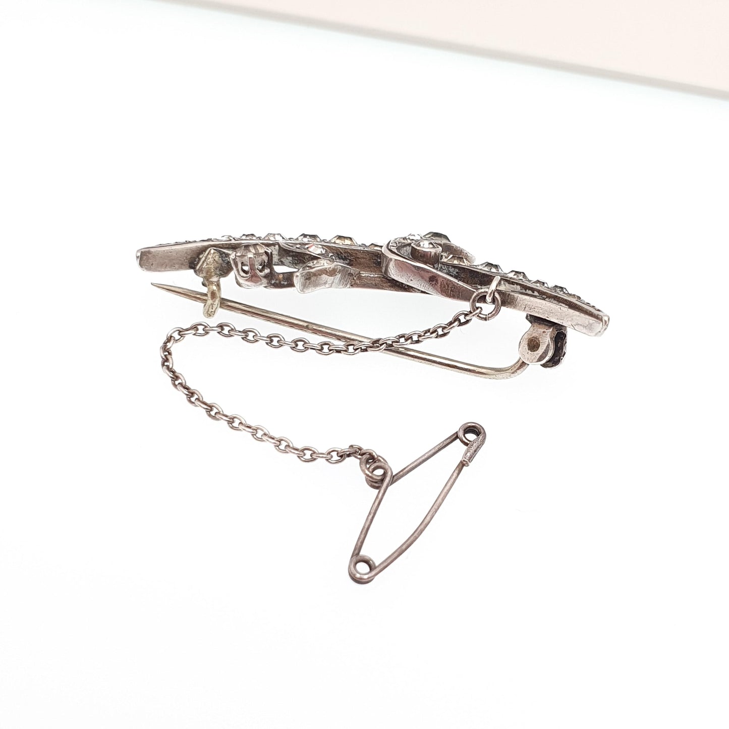 Antique Sterling Silver Crescent Moon Diamond Paste Brooch Victorian Sparkly Vintage Celestial Floral Jewelry Jewellery 1800s