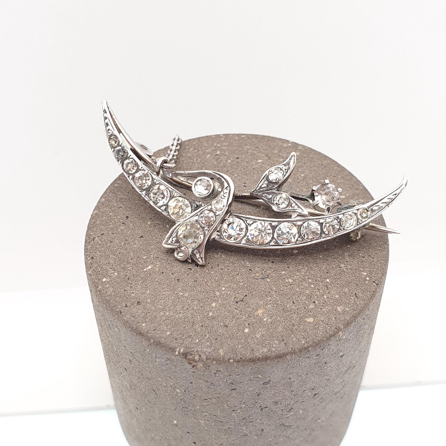 Antique Sterling Silver Crescent Moon Diamond Paste Brooch Victorian Sparkly Vintage Celestial Floral Jewelry Jewellery 1800s