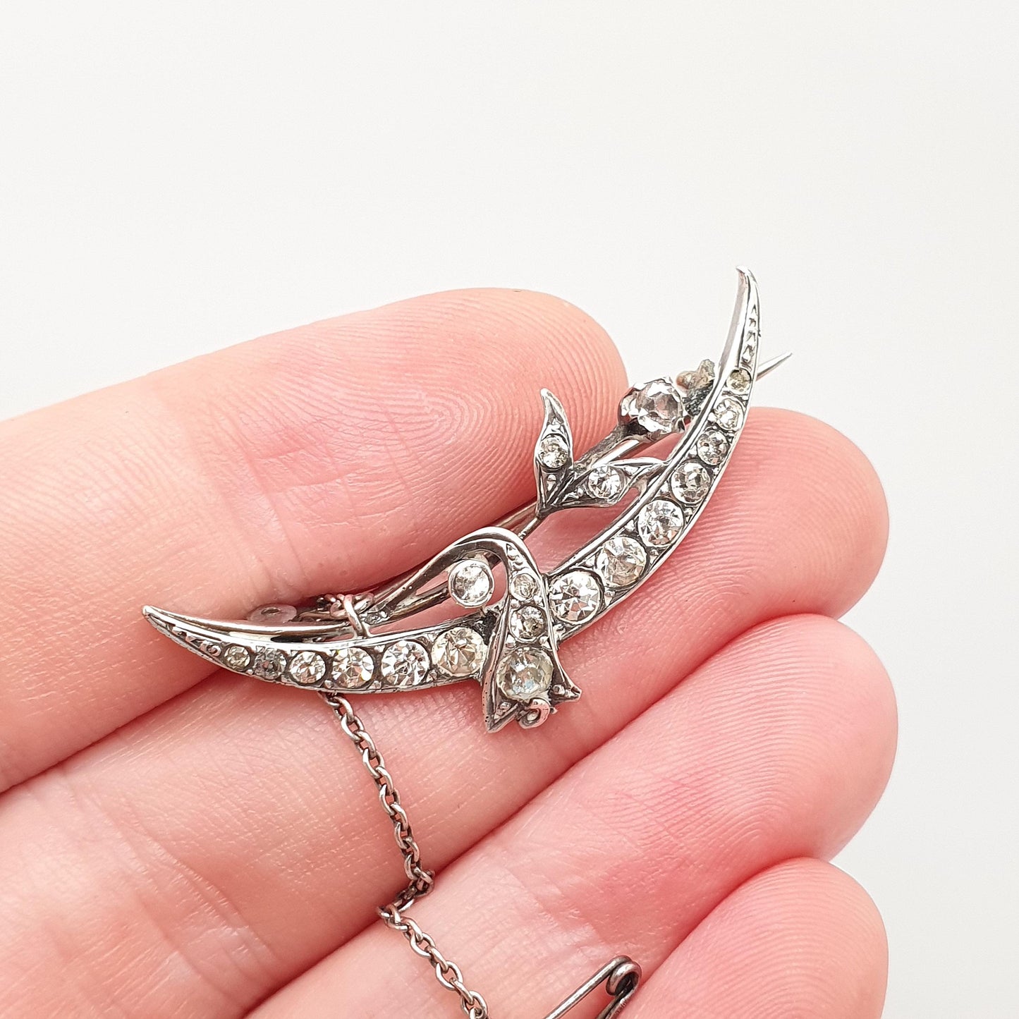 Antique Sterling Silver Crescent Moon Diamond Paste Brooch Victorian Sparkly Vintage Celestial Floral Jewelry Jewellery 1800s
