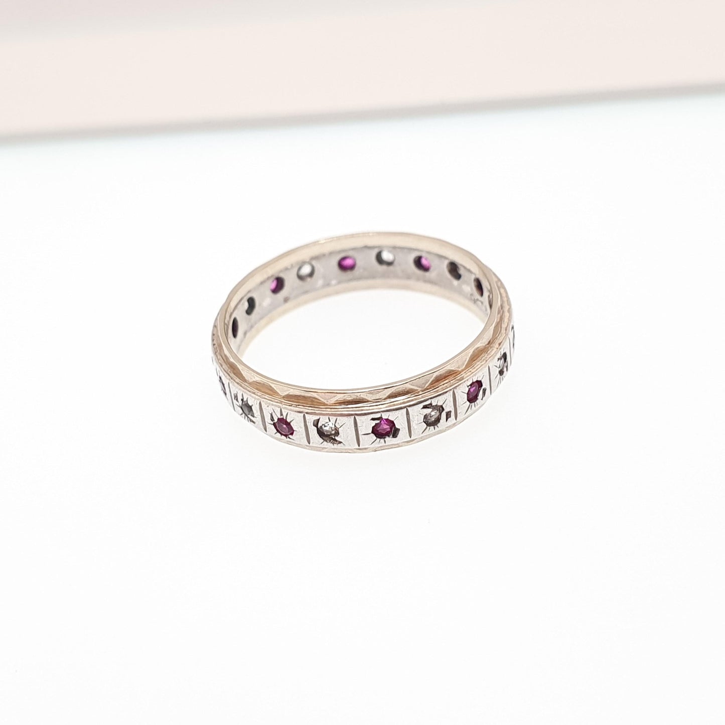 Antique Art Deco 9ct Gold & Solid Silver Ruby Eternity Ring White Spinel Gift Womens Jewellery Jewelry UK O US 7
