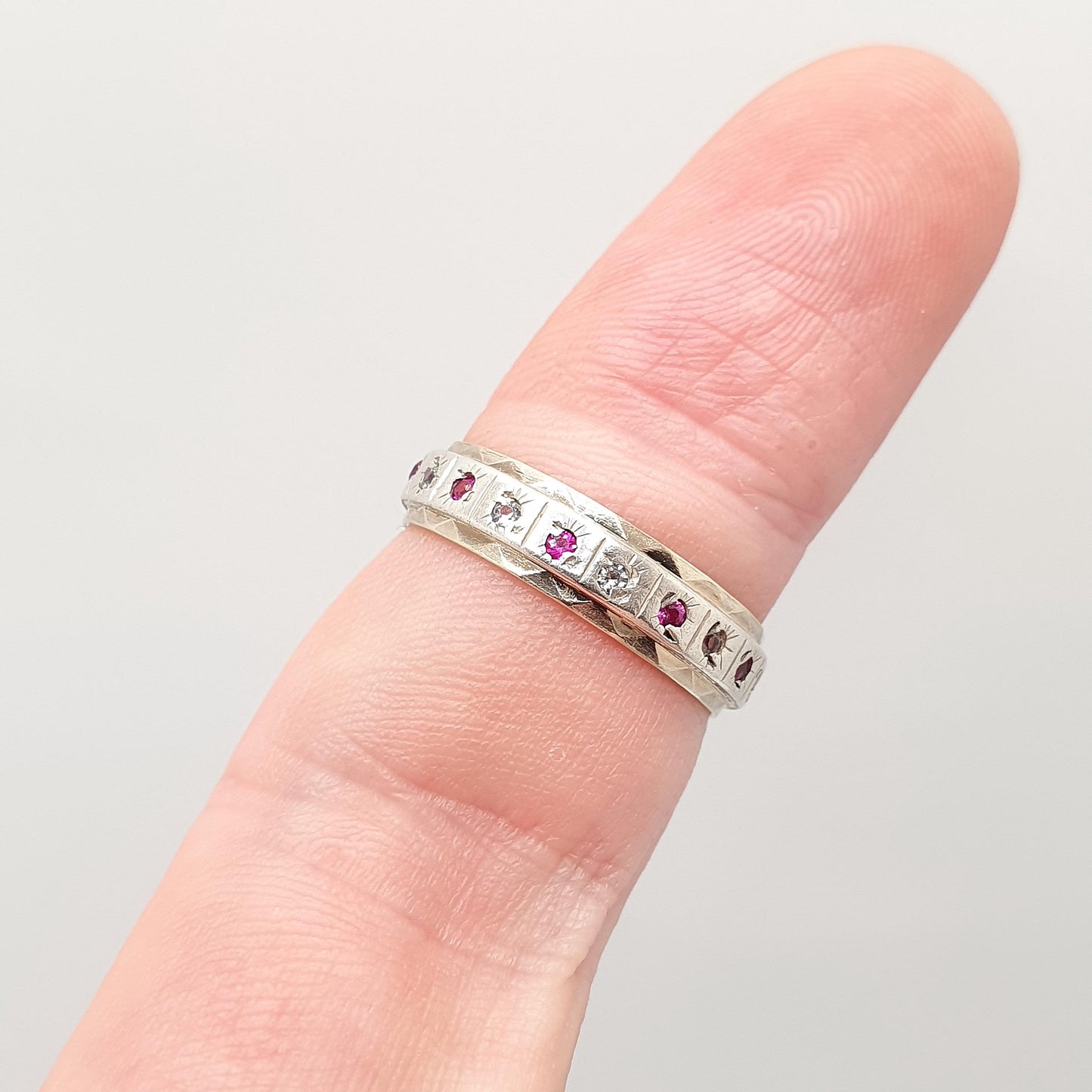 Antique Art Deco 9ct Gold & Solid Silver Ruby Eternity Ring White Spinel Gift Womens Jewellery Jewelry UK O US 7