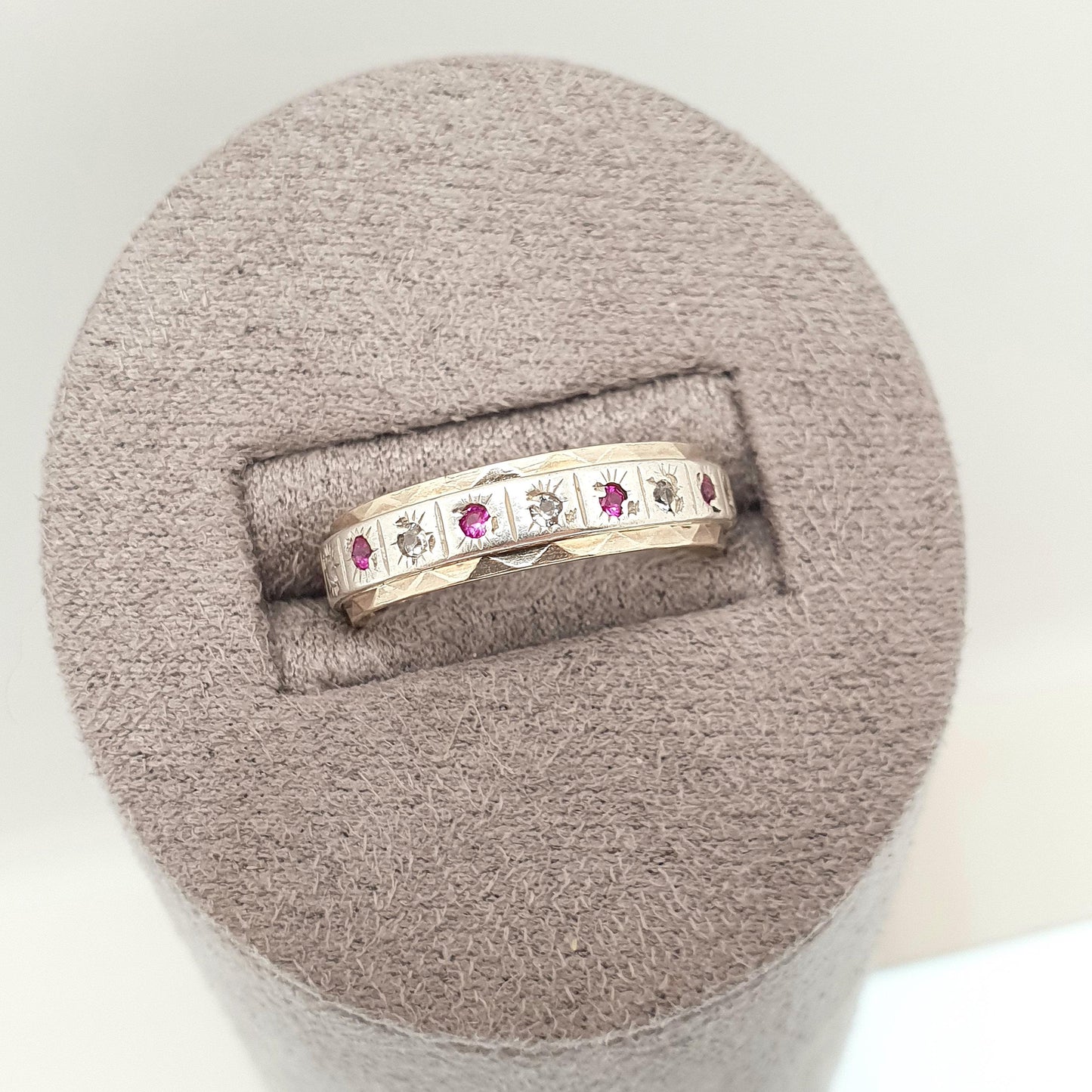 Antique Art Deco 9ct Gold & Solid Silver Ruby Eternity Ring White Spinel Gift Womens Jewellery Jewelry UK O US 7