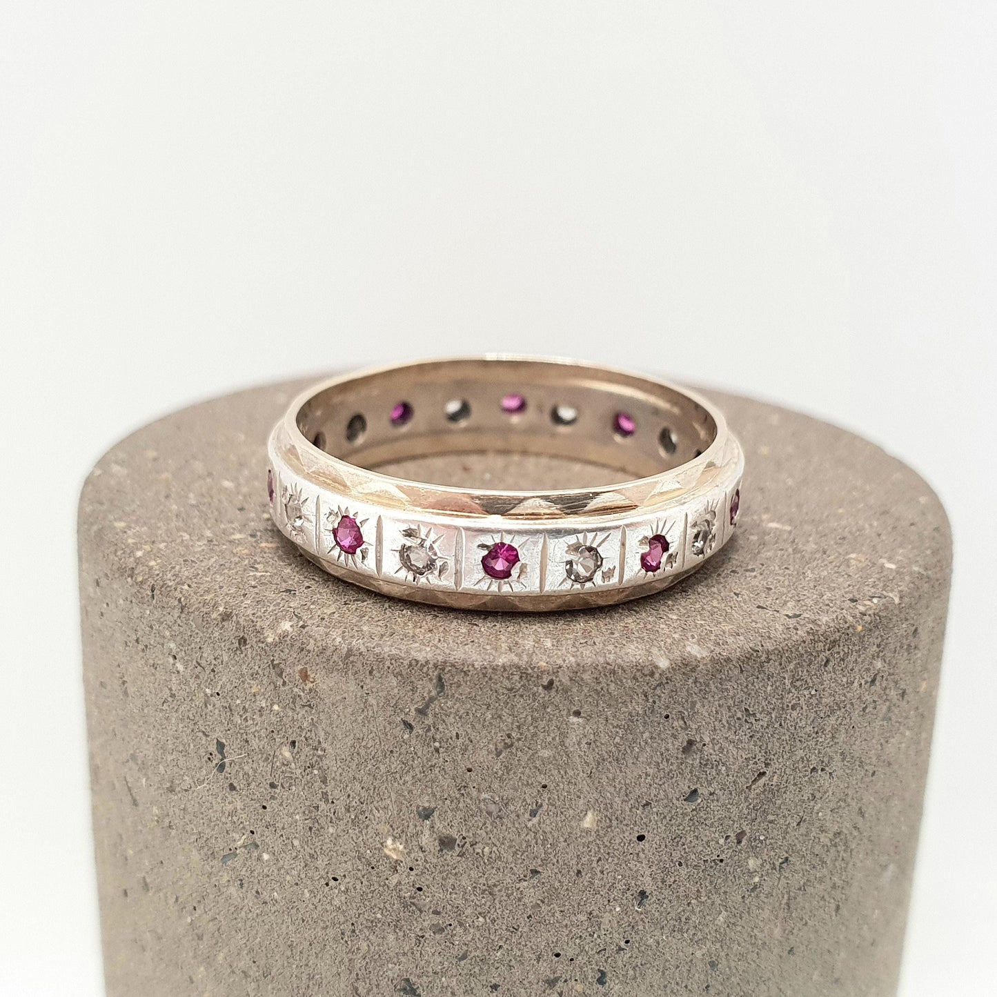 Antique Art Deco 9ct Gold & Solid Silver Ruby Eternity Ring White Spinel Gift Womens Jewellery Jewelry UK O US 7