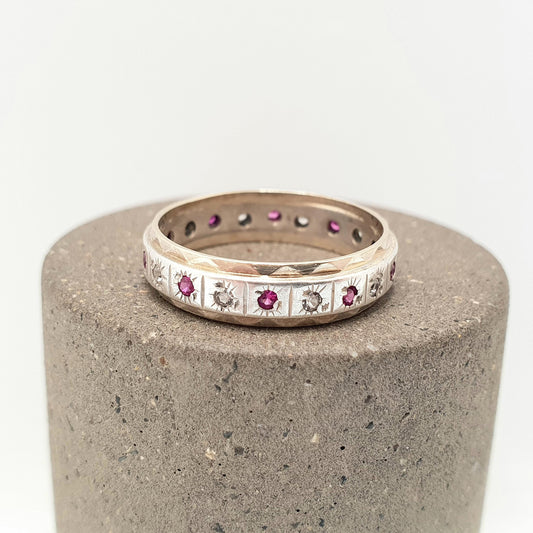 Antique Art Deco 9ct Gold & Solid Silver Ruby Eternity Ring White Spinel Gift Womens Jewellery Jewelry UK O US 7