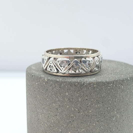 Antique 9ct Gold & Solid Silver Eternity Ring White Spinel Zig Zag Arrow Pattern Womens Jewelry Jewellery UK N US 6.75