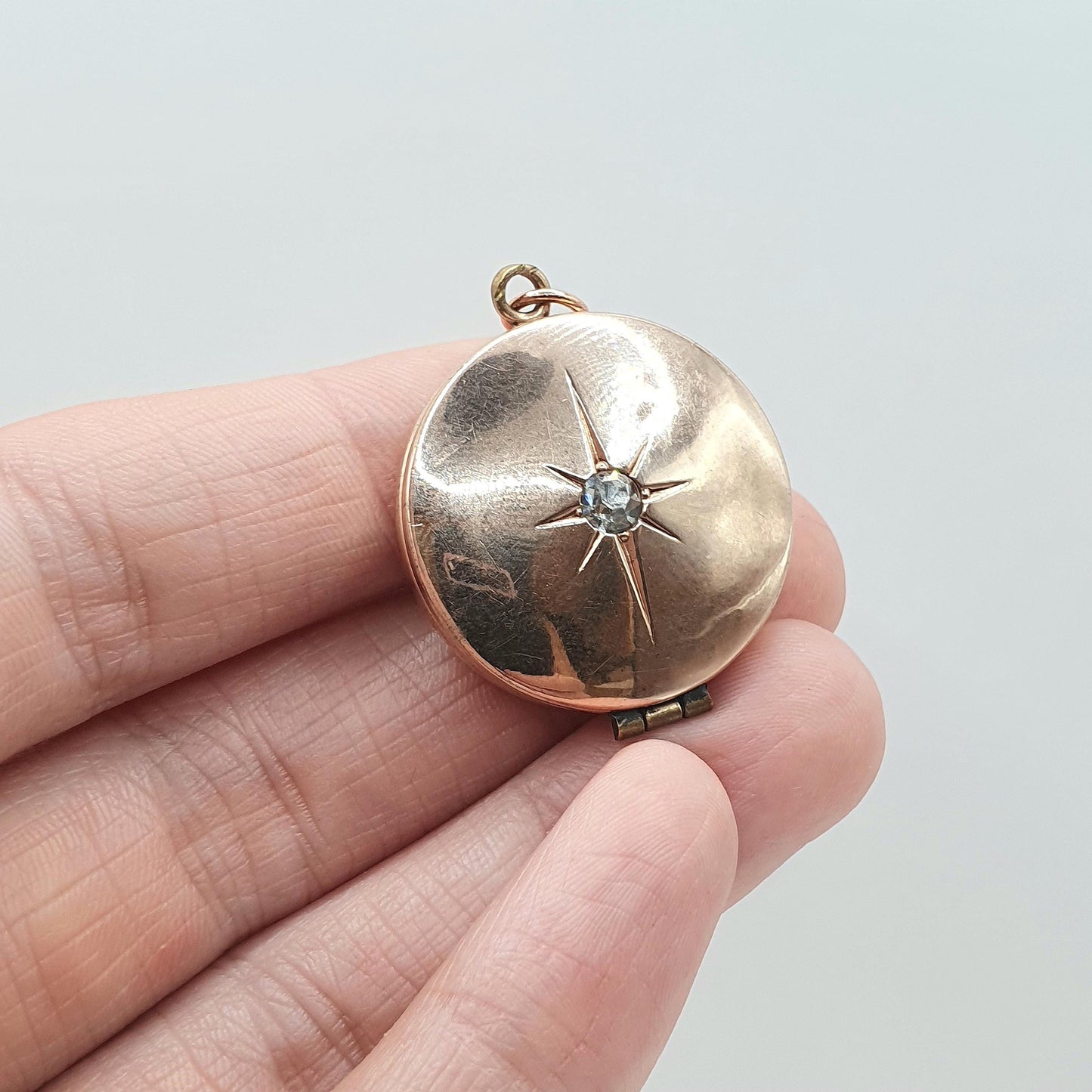Antique Rose Rolled Gold Diamond Paste Locket Star Centre Celestial Gold Filled Photo Womens Vintage Jewelry Jewellery