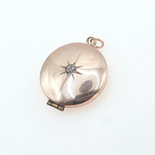Antique Rose Rolled Gold Diamond Paste Locket Star Centre Celestial Gold Filled Photo Womens Vintage Jewelry Jewellery