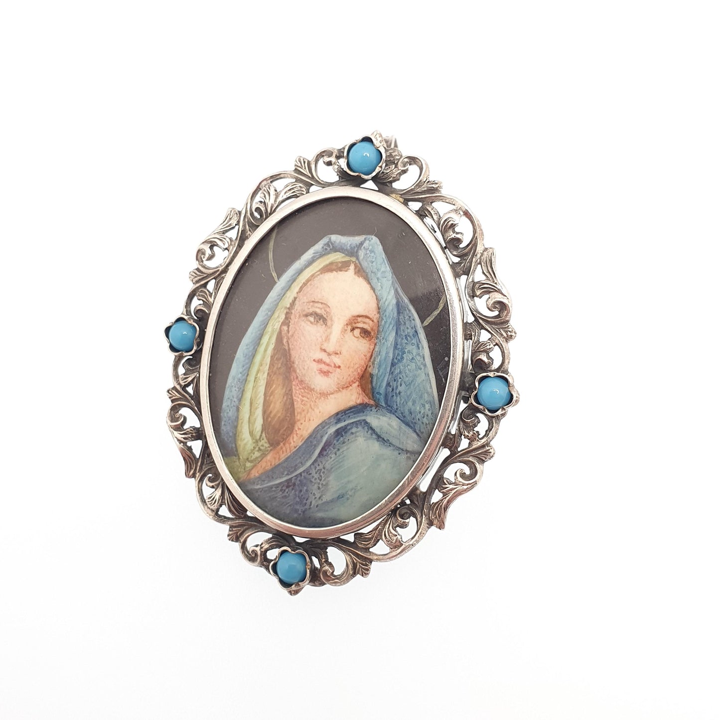 Antique Solid Silver Mother Mary Pendant Necklace Italian Catholic Portrait Faux Turquoise Brooch Vintage Jewelry Jewellery