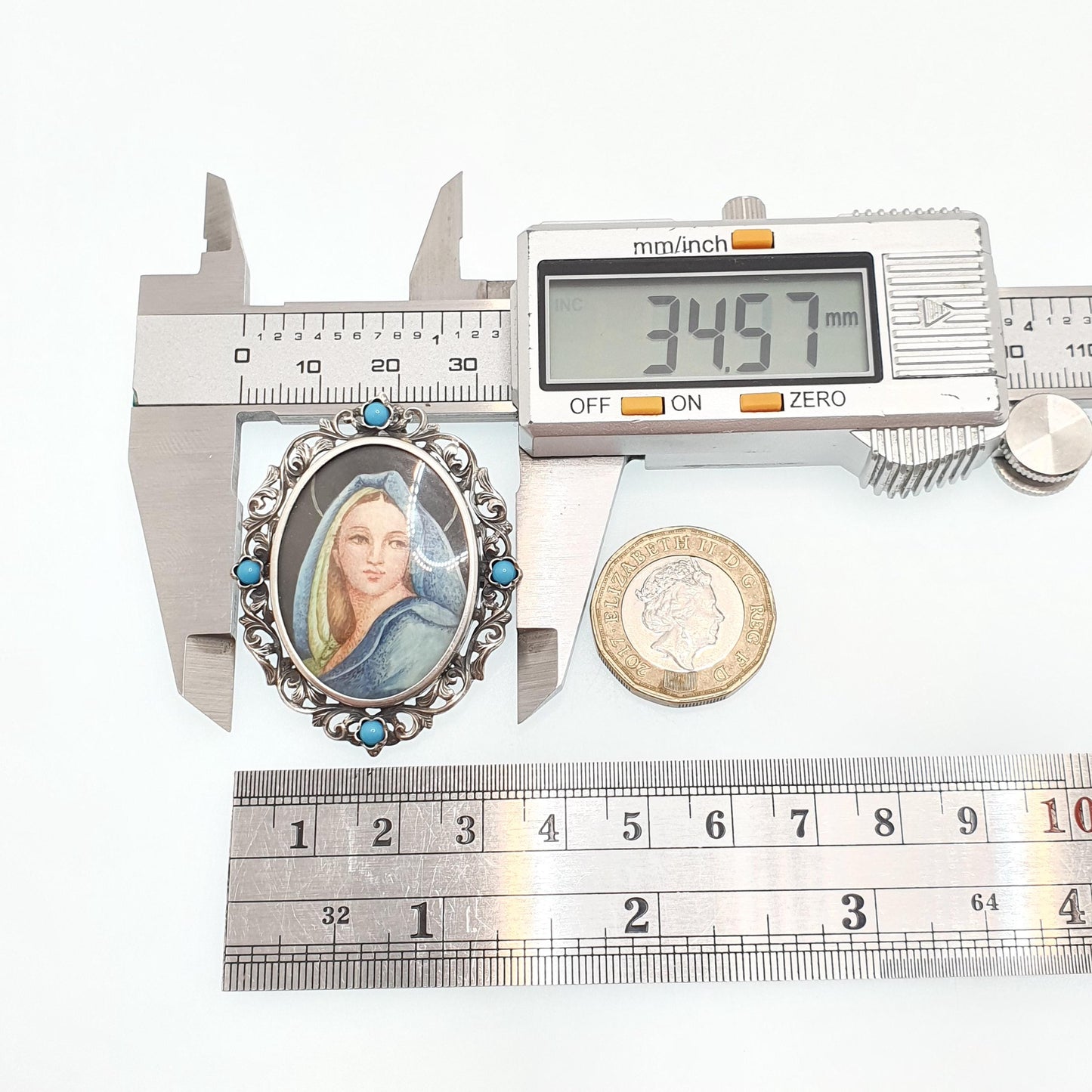 Antique Solid Silver Mother Mary Pendant Necklace Italian Catholic Portrait Faux Turquoise Brooch Vintage Jewelry Jewellery