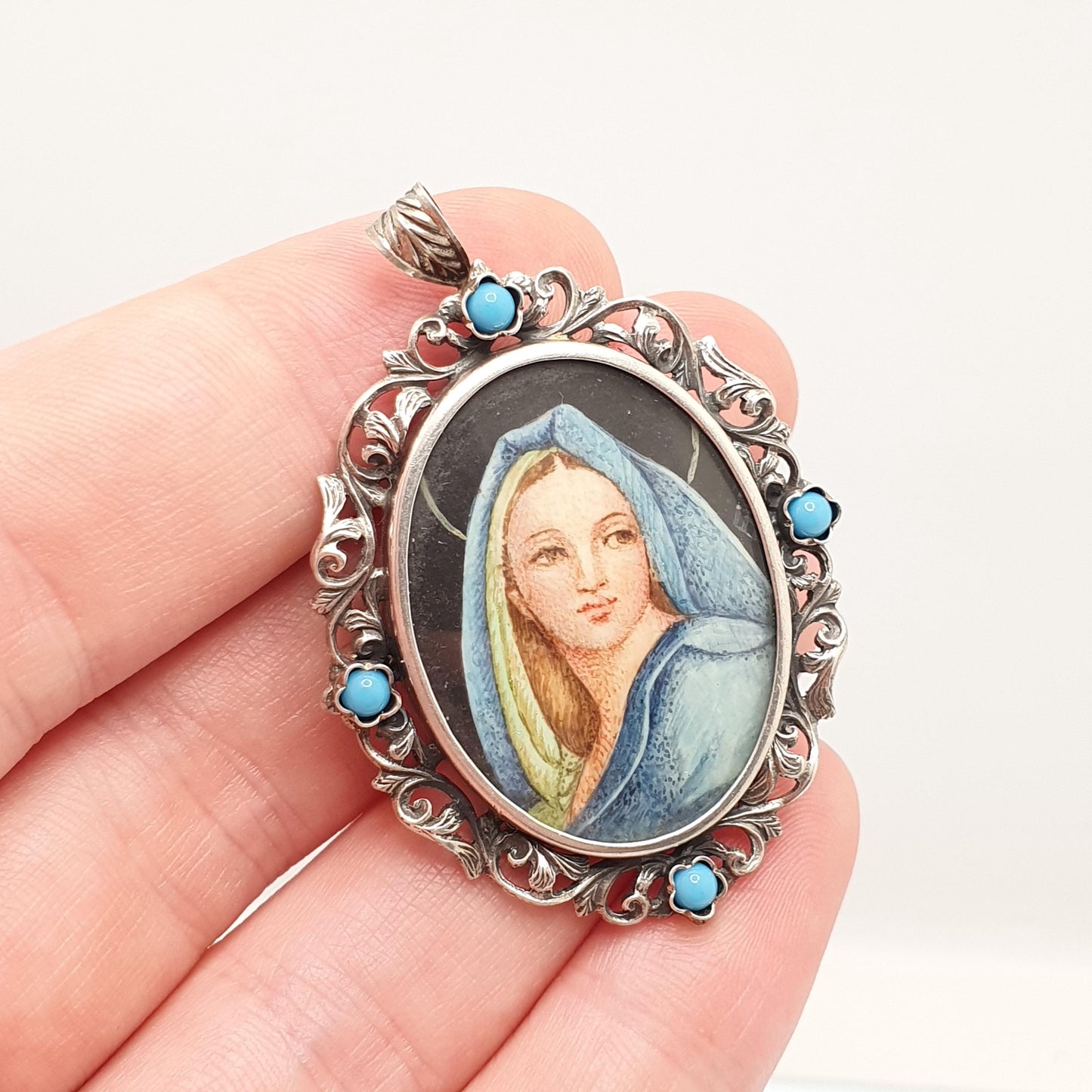 Antique Solid Silver Mother Mary Pendant Necklace Italian Catholic Portrait Faux Turquoise Brooch Vintage Jewelry Jewellery