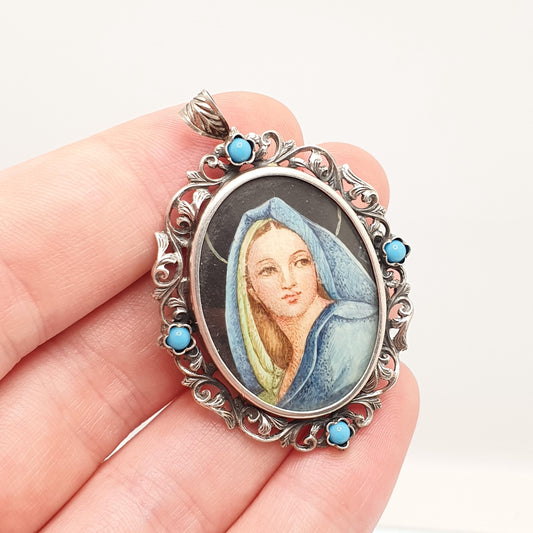 Antique Solid Silver Mother Mary Pendant Necklace Italian Catholic Portrait Faux Turquoise Brooch Vintage Jewelry Jewellery