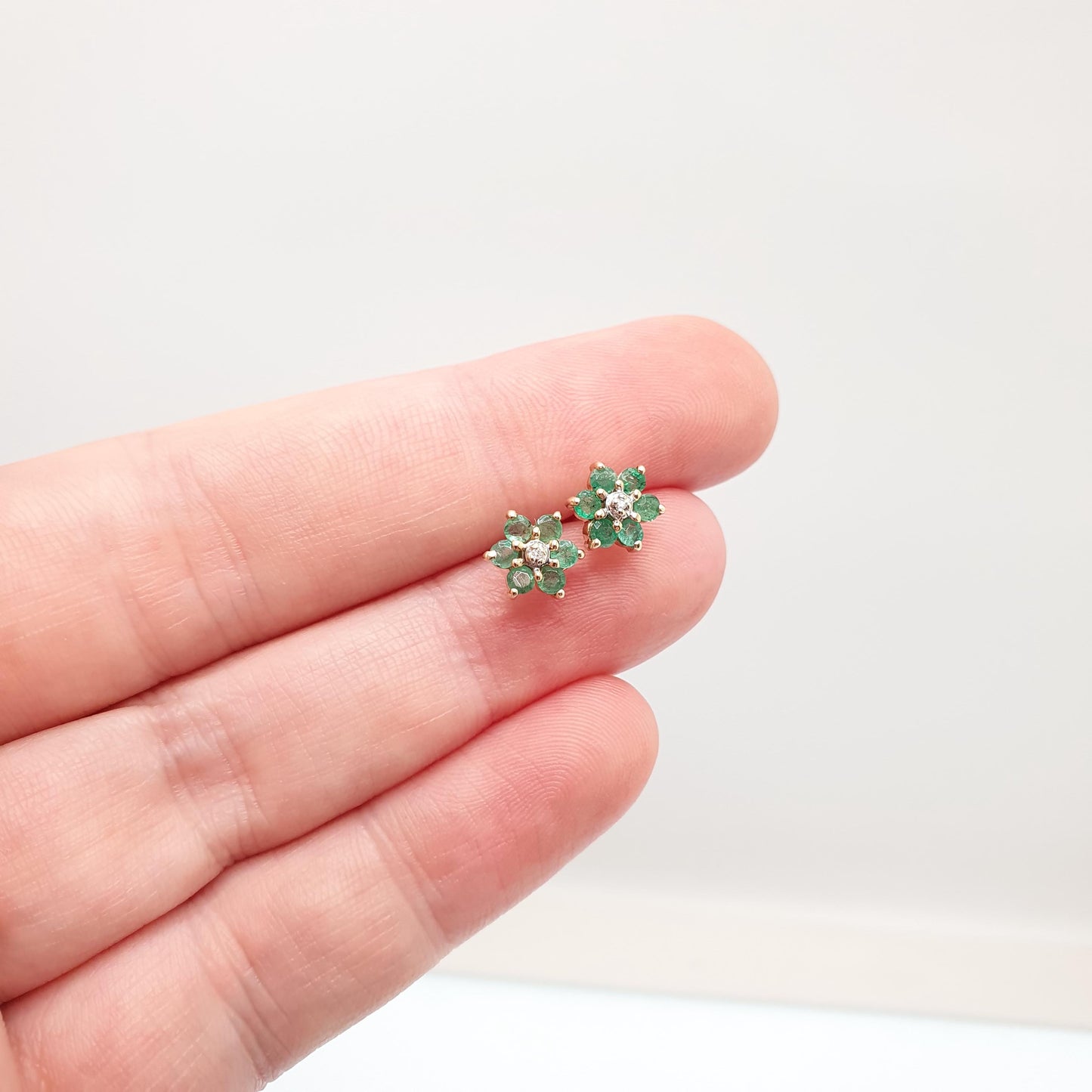 Vintage 9ct Gold Emerald & Diamond Stud Earrings Small Cluster Solid 9k 375 Genuine Gemstone Jewelry Jewellery