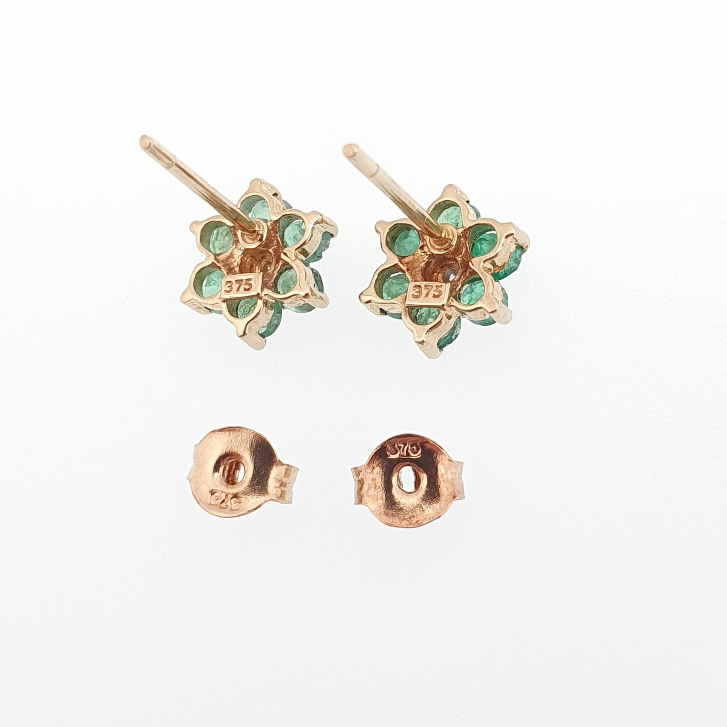 Vintage 9ct Gold Emerald & Diamond Stud Earrings Small Cluster Solid 9k 375 Genuine Gemstone Jewelry Jewellery