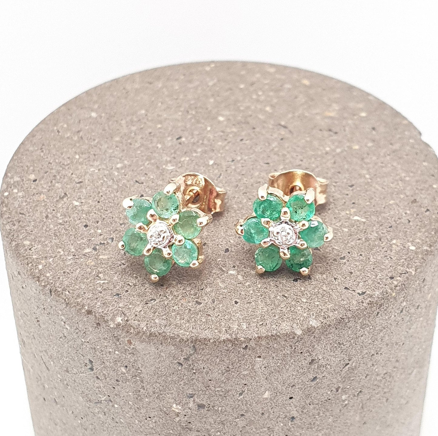 Vintage 9ct Gold Emerald & Diamond Stud Earrings Small Cluster Solid 9k 375 Genuine Gemstone Jewelry Jewellery