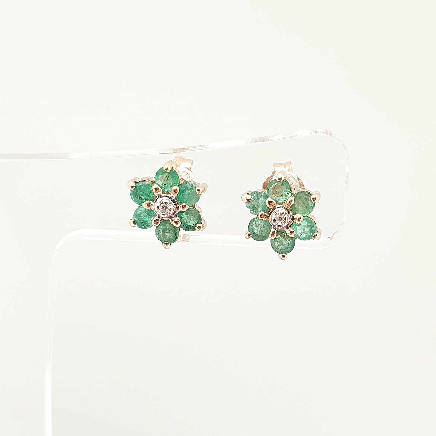 Vintage 9ct Gold Emerald & Diamond Stud Earrings Small Cluster Solid 9k 375 Genuine Gemstone Jewelry Jewellery