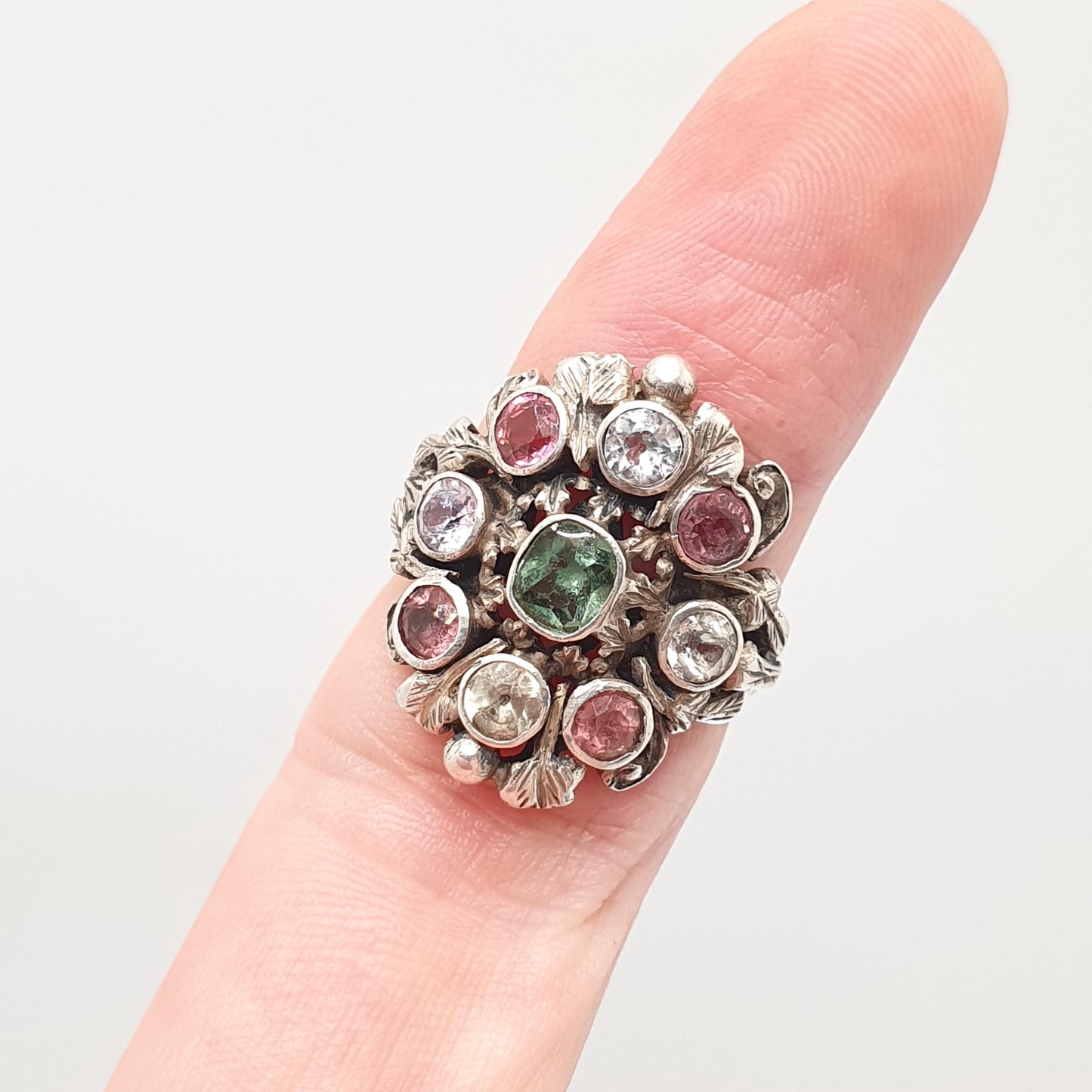 Antique Sterling Silver Emerald Ring Austro Hungarian White Sapphire & Tourmaline Statement Vintage Womens Jewelry Jewellery