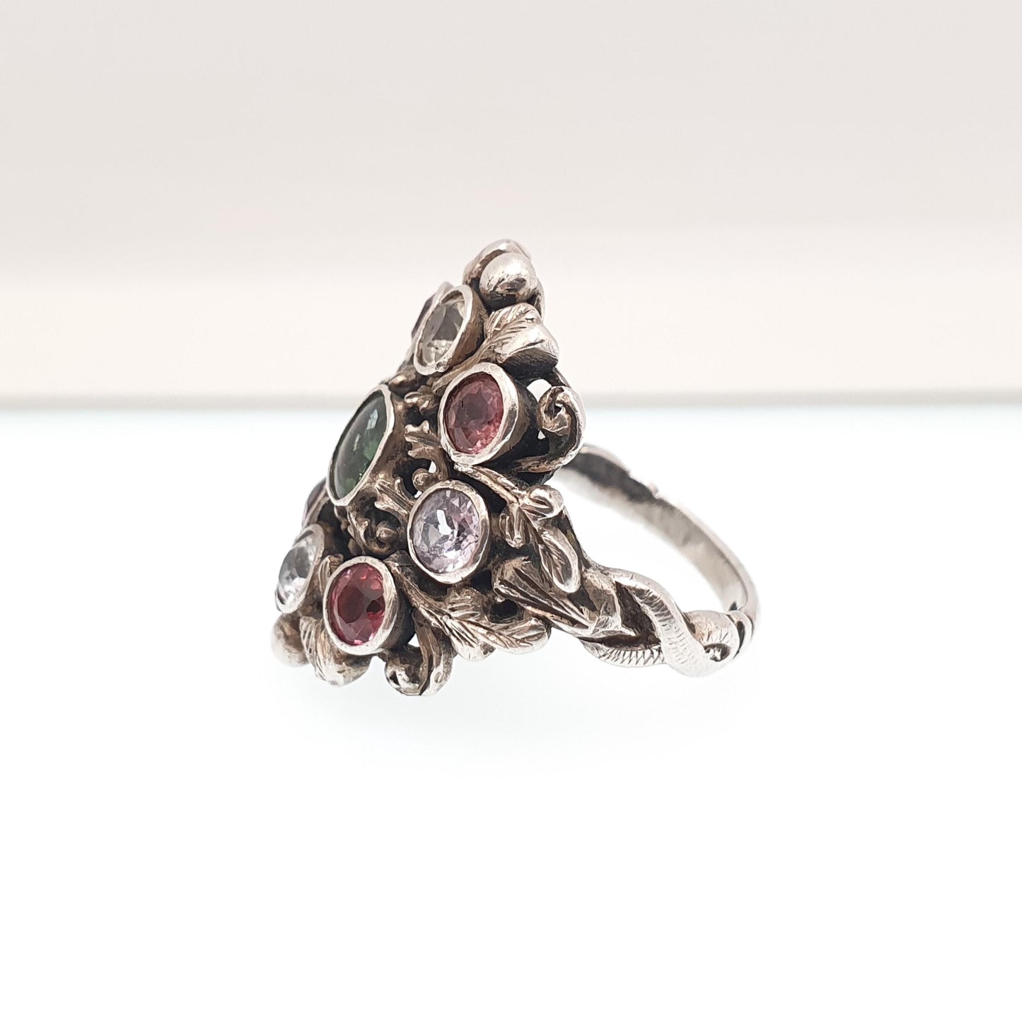 Antique Sterling Silver Emerald Ring Austro Hungarian White Sapphire & Tourmaline Statement Vintage Womens Jewelry Jewellery