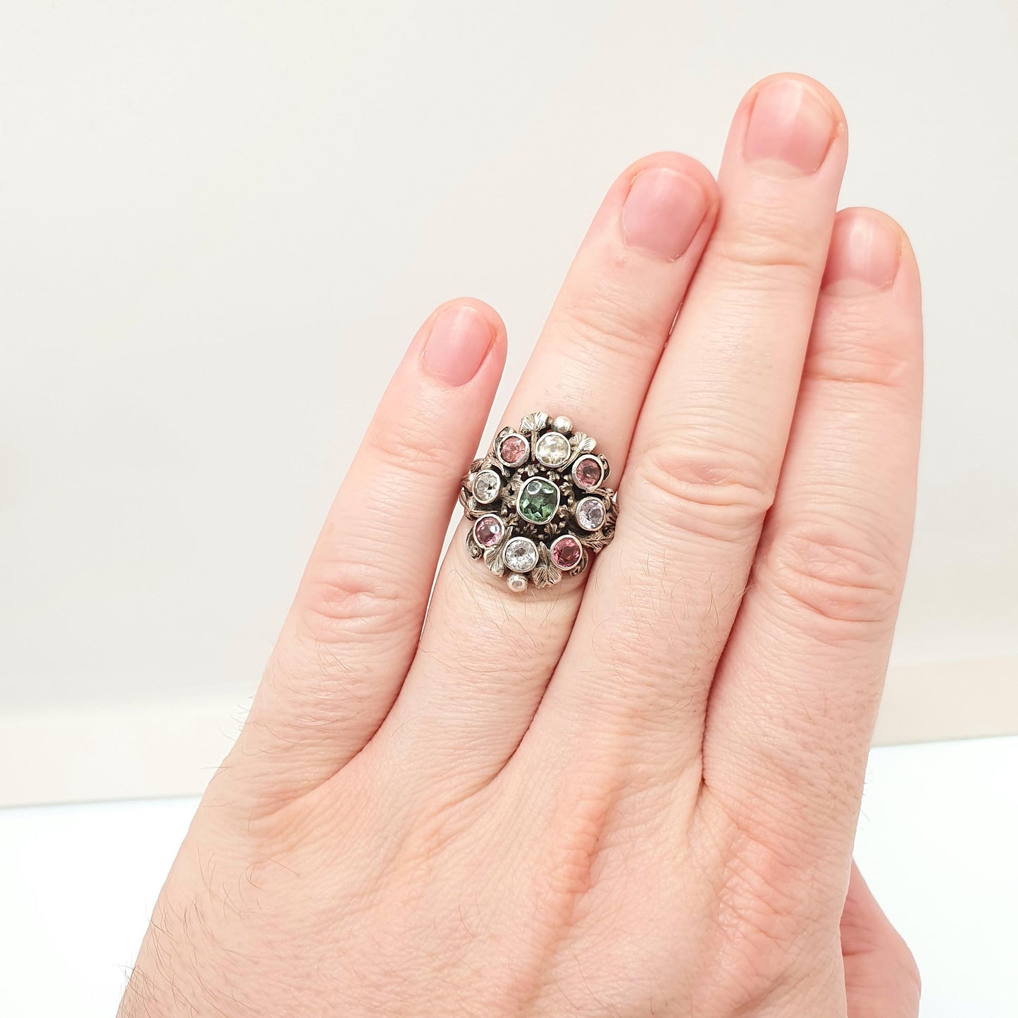 Antique Sterling Silver Emerald Ring Austro Hungarian White Sapphire & Tourmaline Statement Vintage Womens Jewelry Jewellery