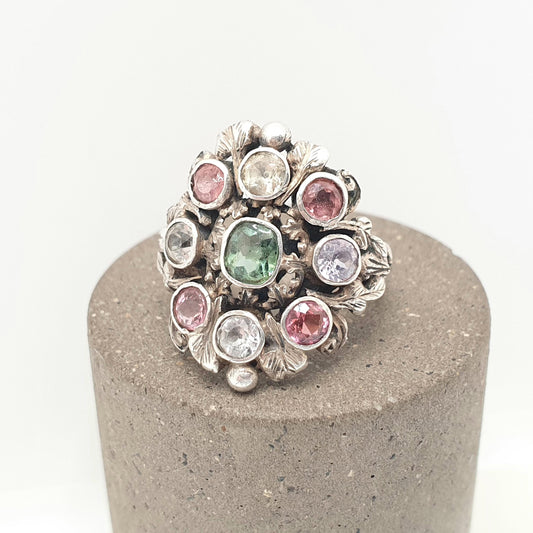 Antique Sterling Silver Emerald Ring Austro Hungarian White Sapphire & Tourmaline Statement Vintage Womens Jewelry Jewellery