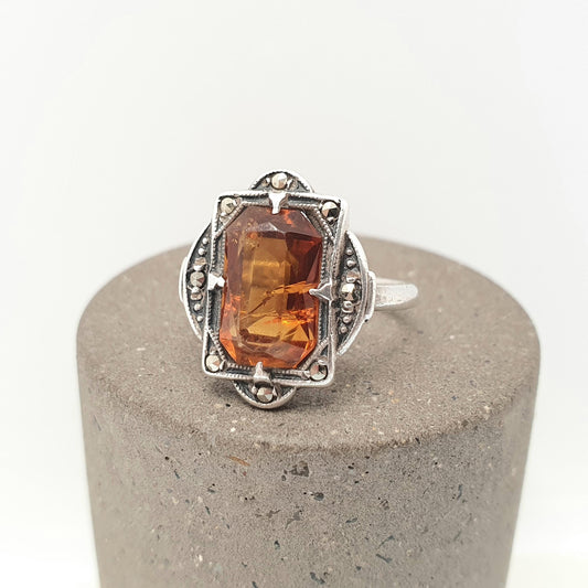 Antique Natural Citrine Solid Silver Ring Marcasite Art Deco Cognac Orange 1920s Vintage Cocktail Womens Jewelry