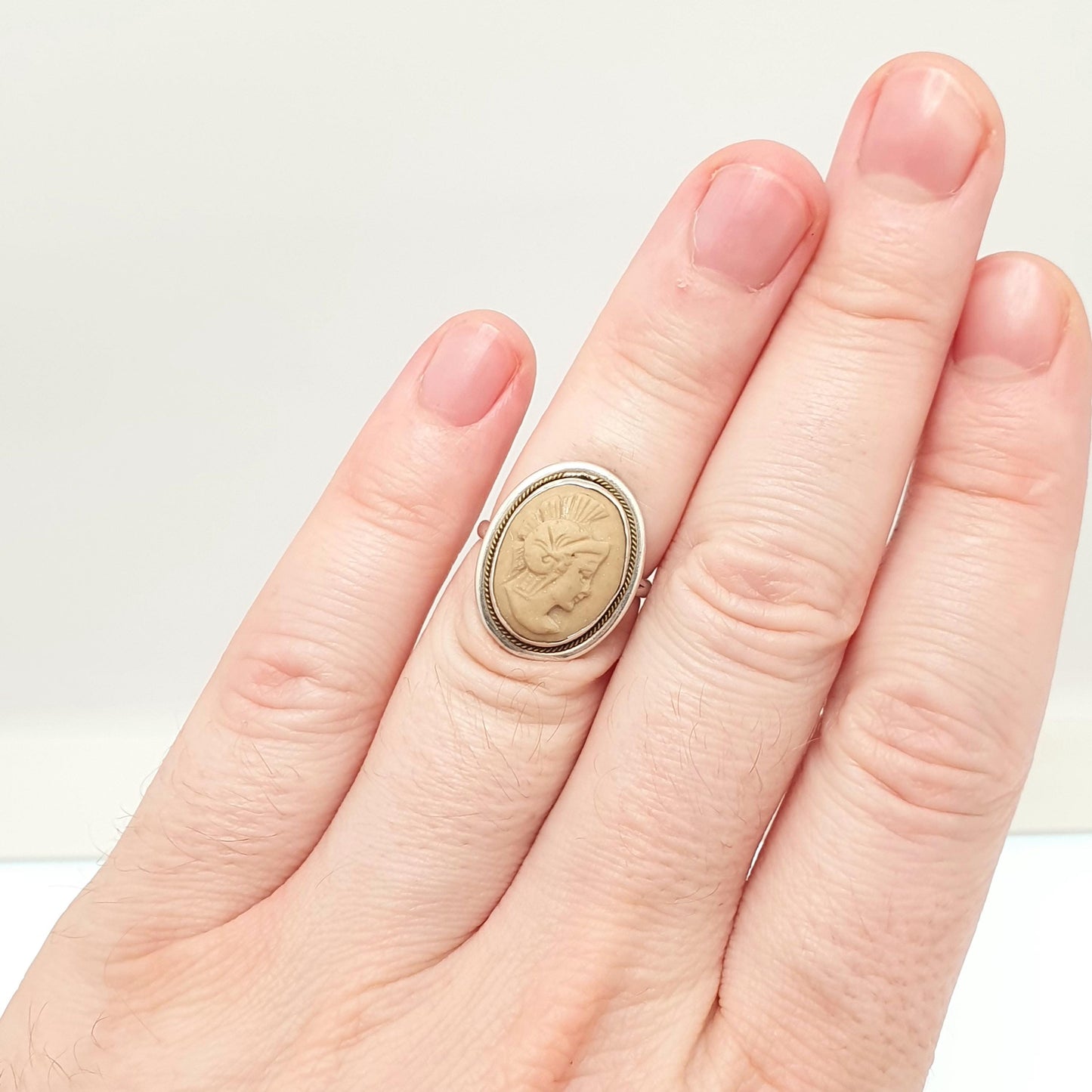 Antique Solid Silver Centurion Lava Cameo Ring Hand Carved Roman Soldier Naples Pompeii Vintage Signet Jewelry Jewellery