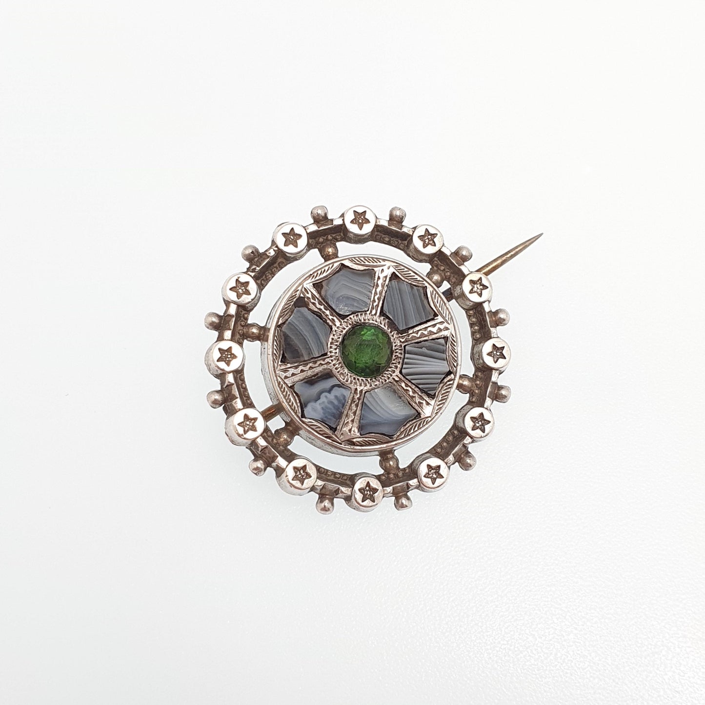 Antique Sterling Silver Montrose Lace Agate Brooch Victorian Star Border Green Tourmaline Scottish Scotland Vintage