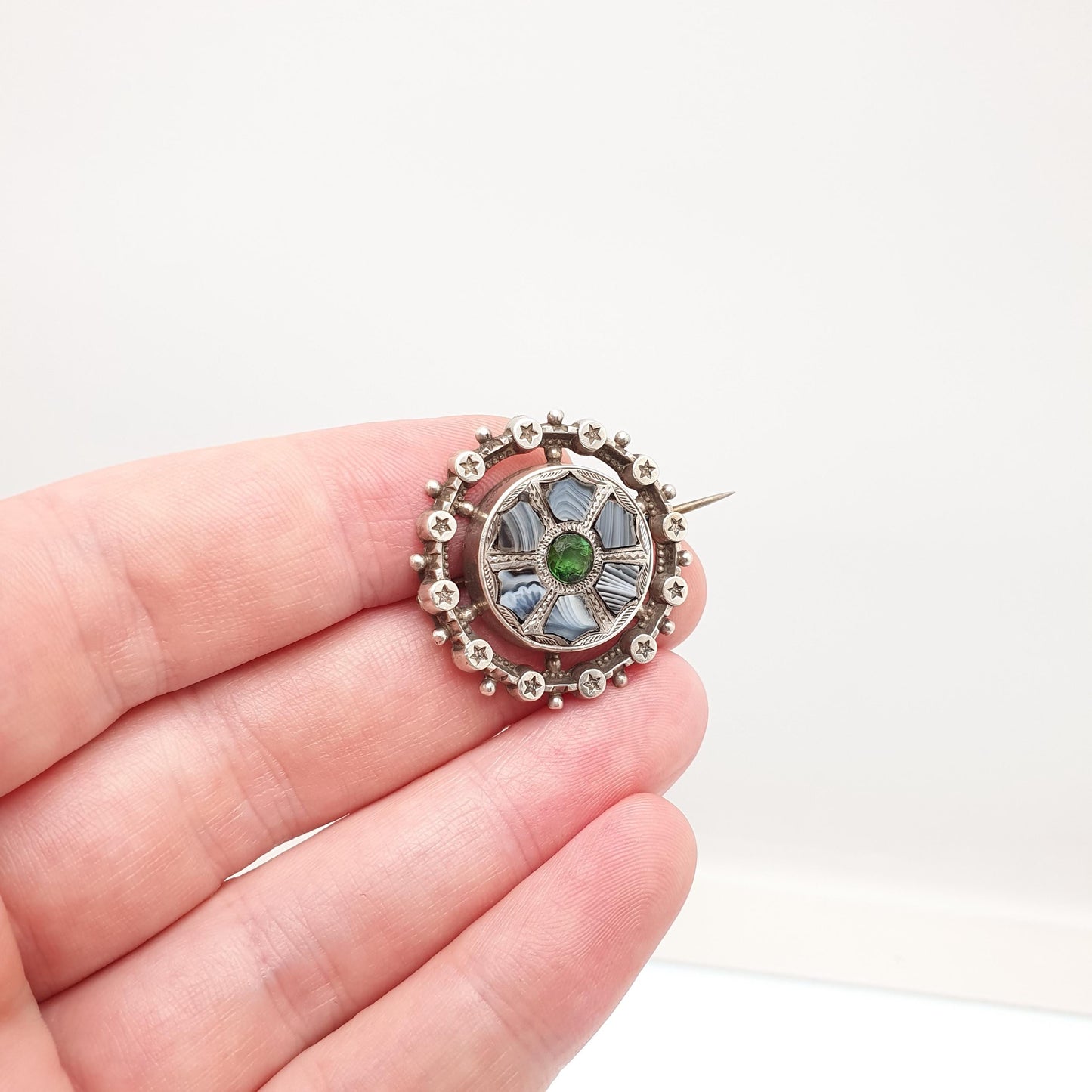 Antique Sterling Silver Montrose Lace Agate Brooch Victorian Star Border Green Tourmaline Scottish Scotland Vintage