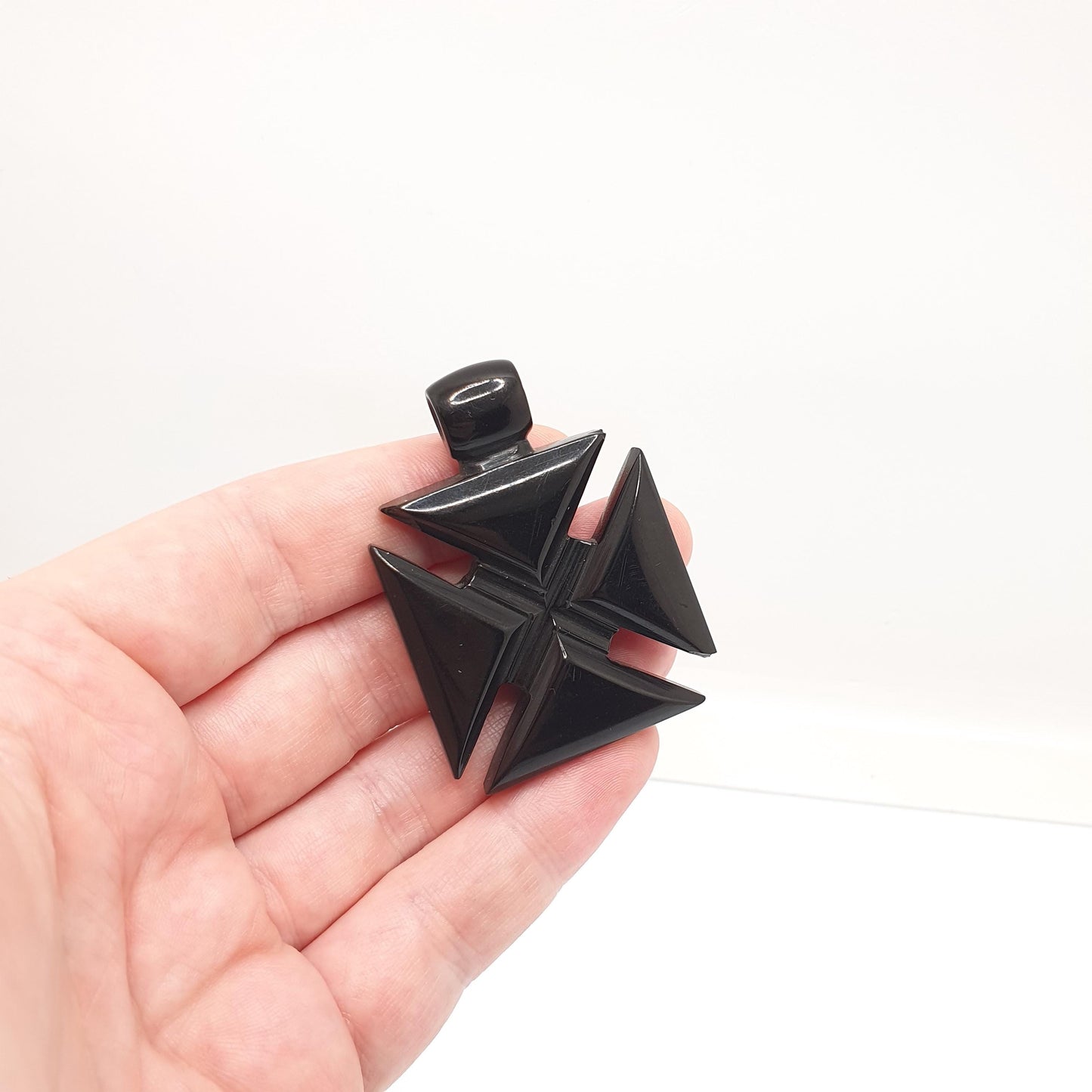 Antique Victorian Whitby Jet Maltese Cross Pendant Necklace Large Hand Carved Crucifix Cruciform Big Mourning 1800s Vintage