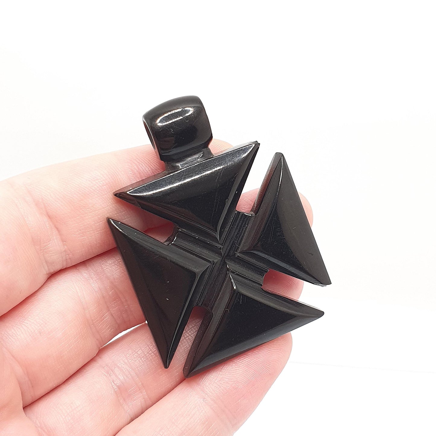 Antique Victorian Whitby Jet Maltese Cross Pendant Necklace Large Hand Carved Crucifix Cruciform Big Mourning 1800s Vintage