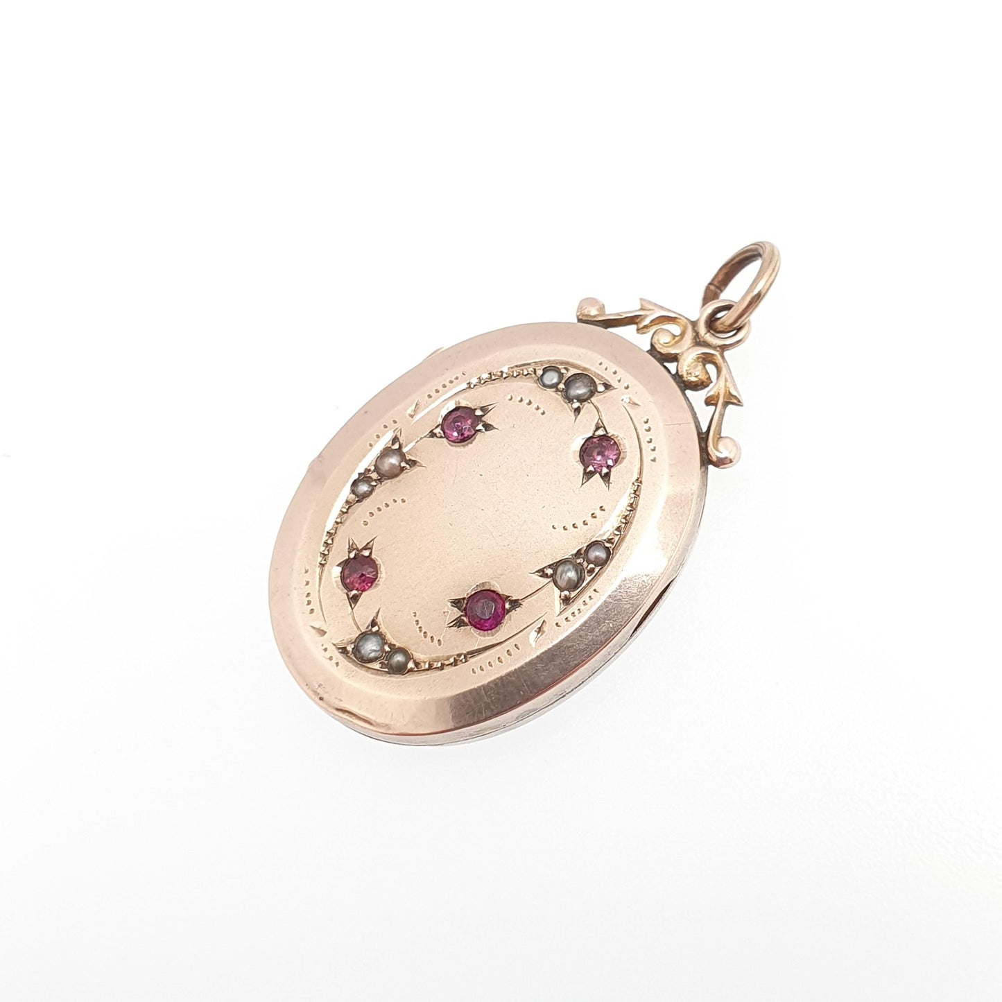 Antique 9ct 9k Gold Ruby Paste Locket Seed Pearl Back Front Oval Pendant Picture Photo Vintage Jewelry Jewellery