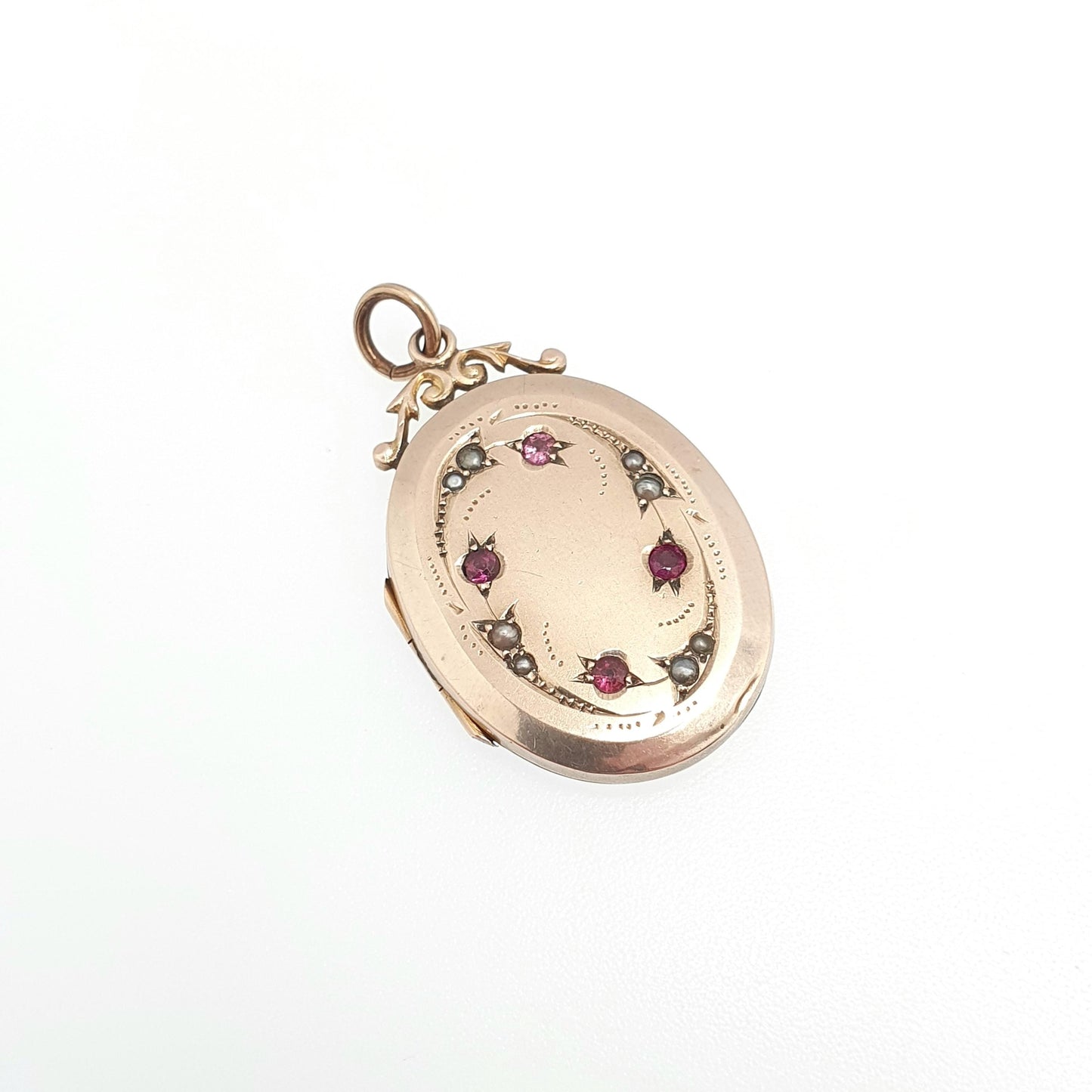 Antique 9ct 9k Gold Ruby Paste Locket Seed Pearl Back Front Oval Pendant Picture Photo Vintage Jewelry Jewellery